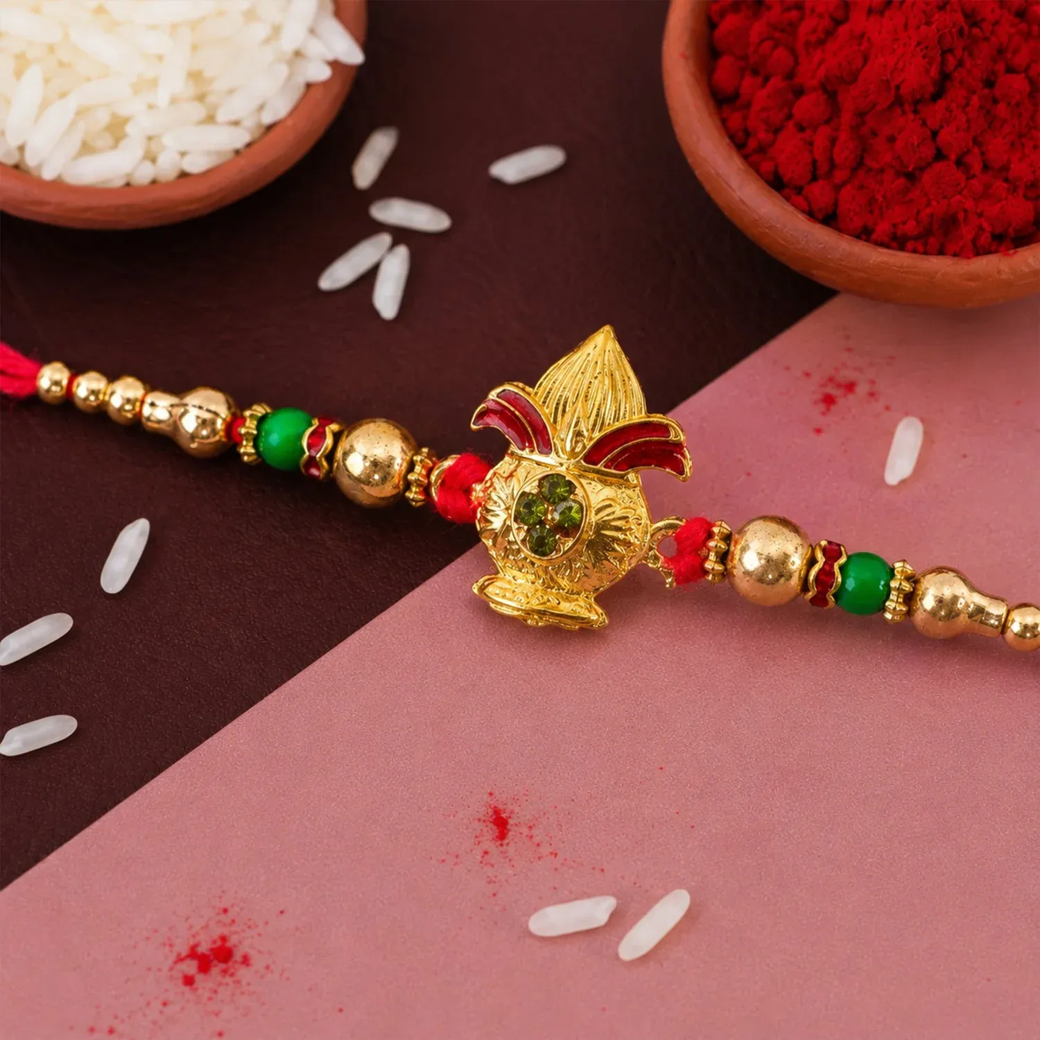 Premium Traditional Golden Kalash Motif Rakhi with Beadwork Rakhi for Brother - Buy Online at Alikart