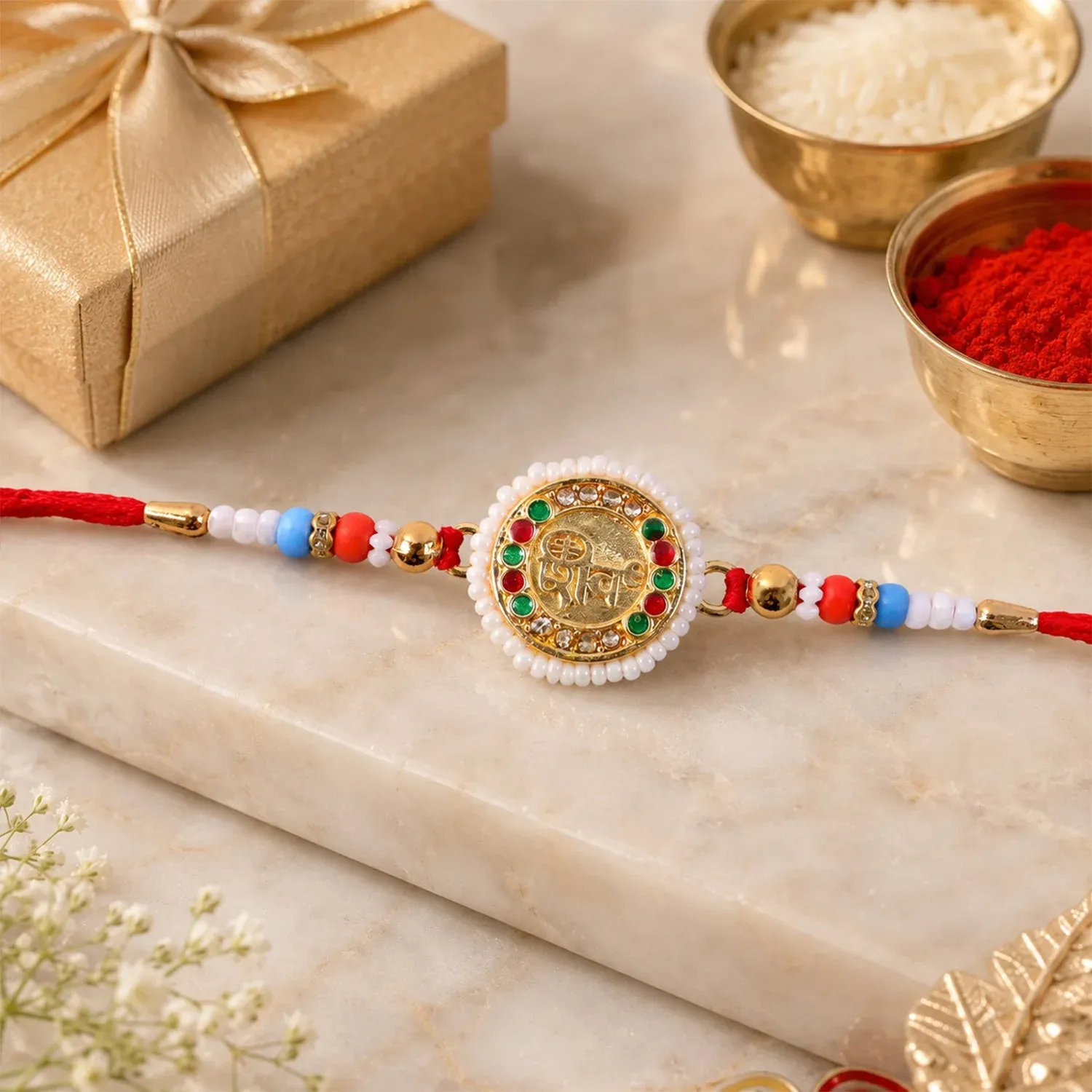 Round Shiv Charm Studded Premium Designer Rakhi for Brother - Detailed Feature View 3