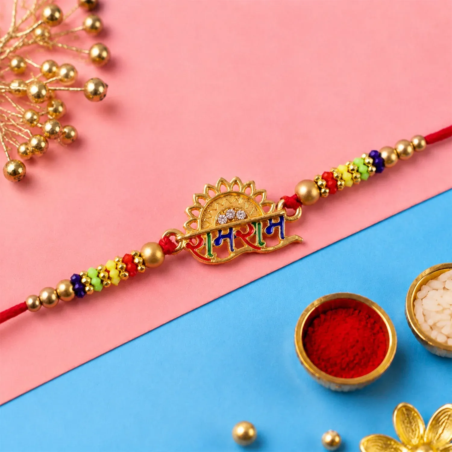 Ram Ram Text Premium Designer Beaded Rakhi for Brother - Detailed Feature View 2