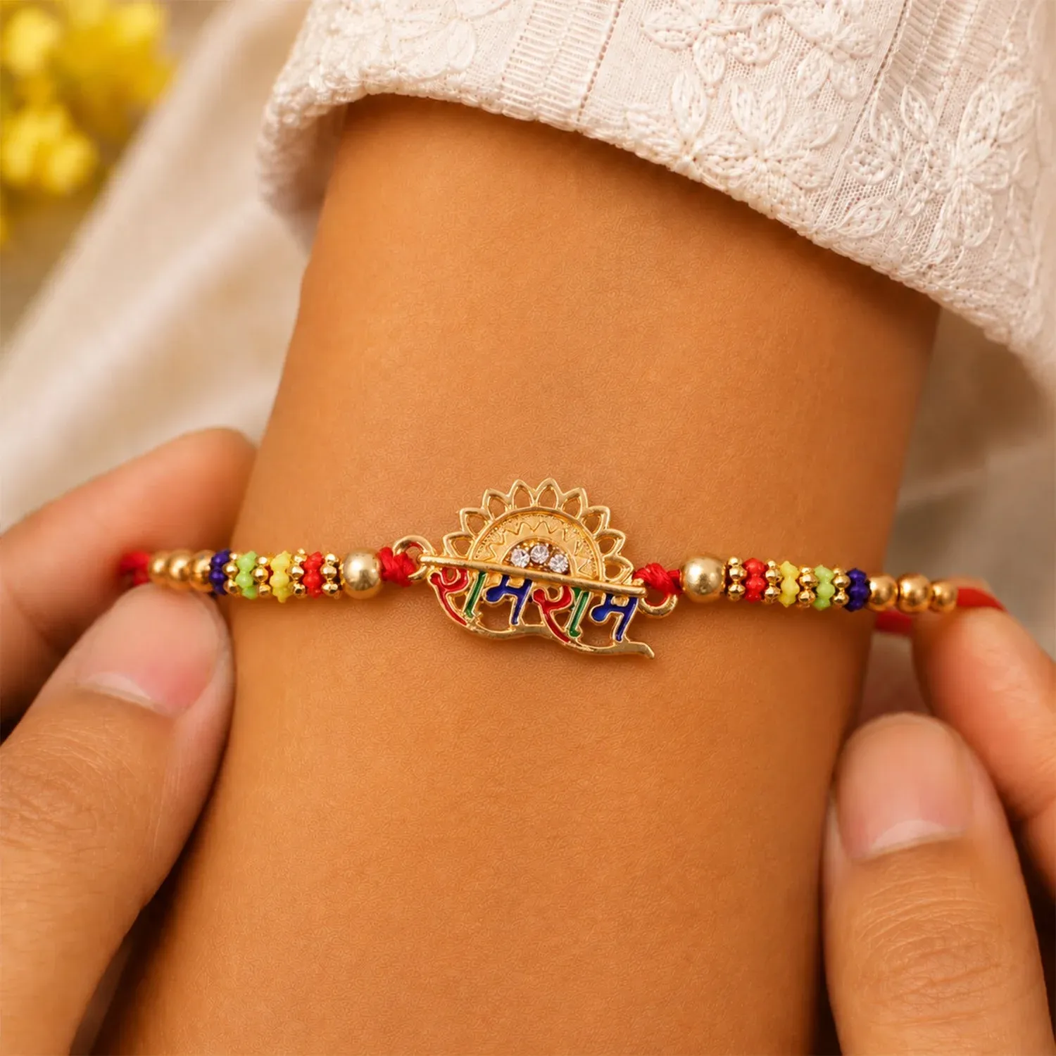 Ram Ram Text Premium Designer Beaded Rakhi for Brother - Detailed Feature View 3