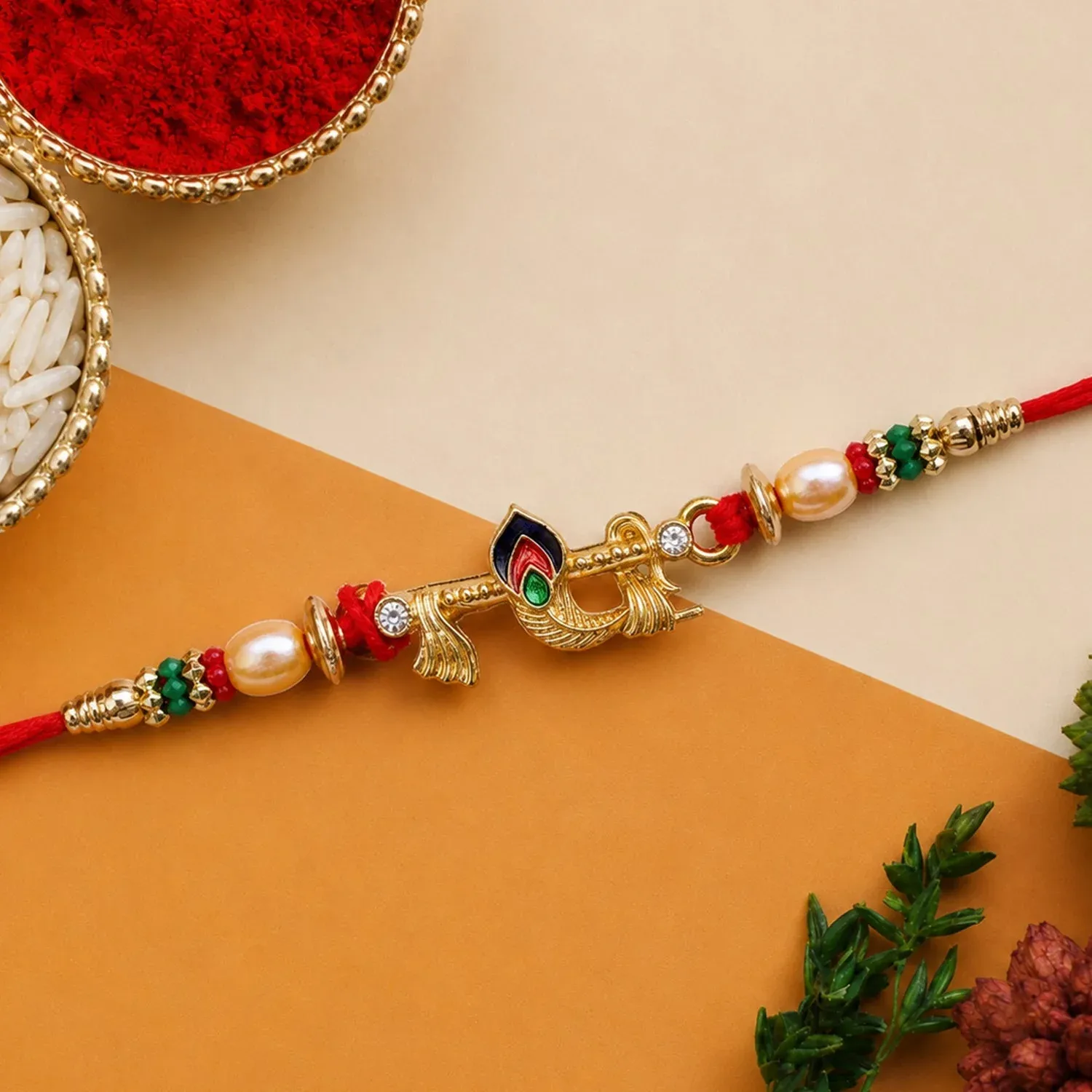 Peacock Feather Charm Premium Designer Rakhi for Brother - Detailed Feature View 1