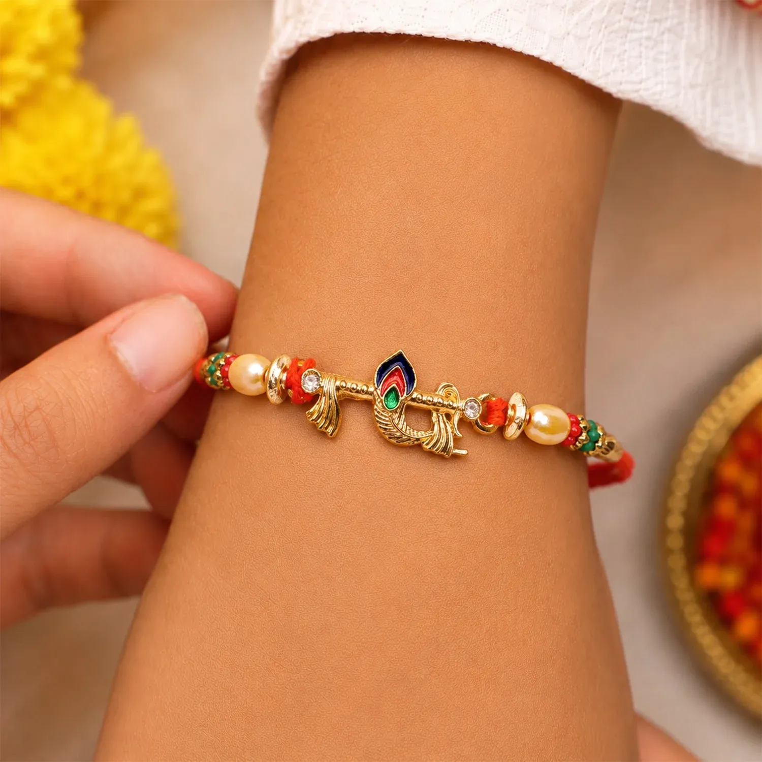 Peacock Feather Charm Premium Designer Rakhi for Brother - Detailed Feature View 2
