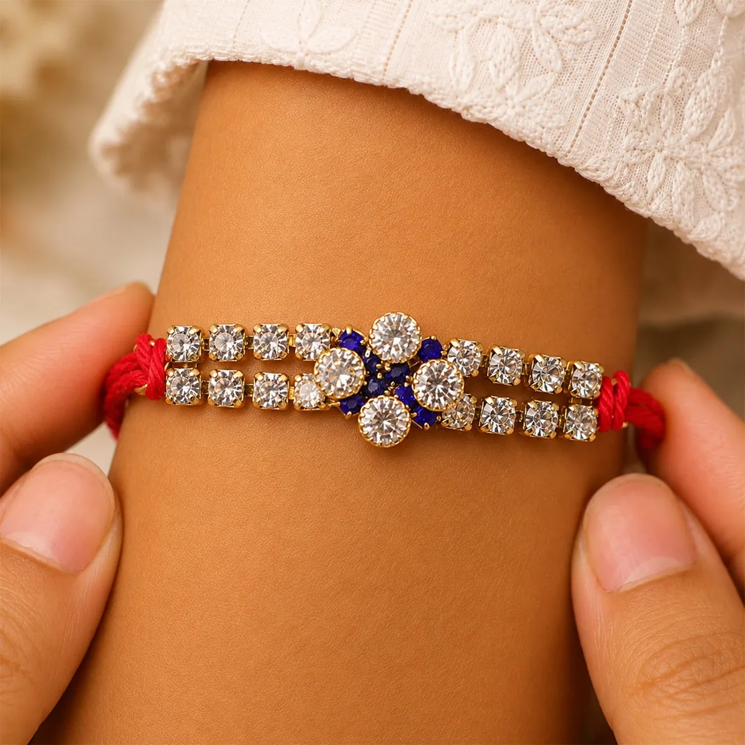 Sparkling Crystal Diamond Rakhi with Stone Studded Thread Rakhi for Brother - Detailed Feature View 1