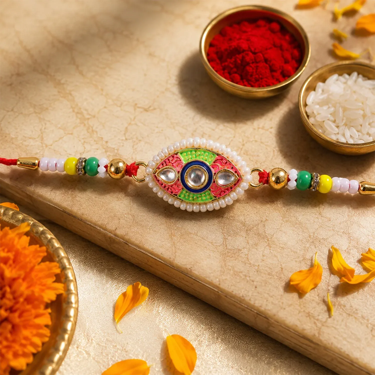 Premium Designer Kundan Meenakari Rakhi with Pearl Border – Rakhi for Brother - Buy Online at Alikart