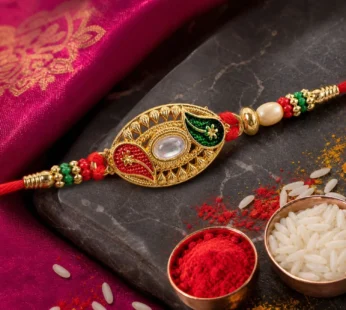 Elegant Kundan Stone Rakhi with Enamel & Beadwork Rakhi for Brother