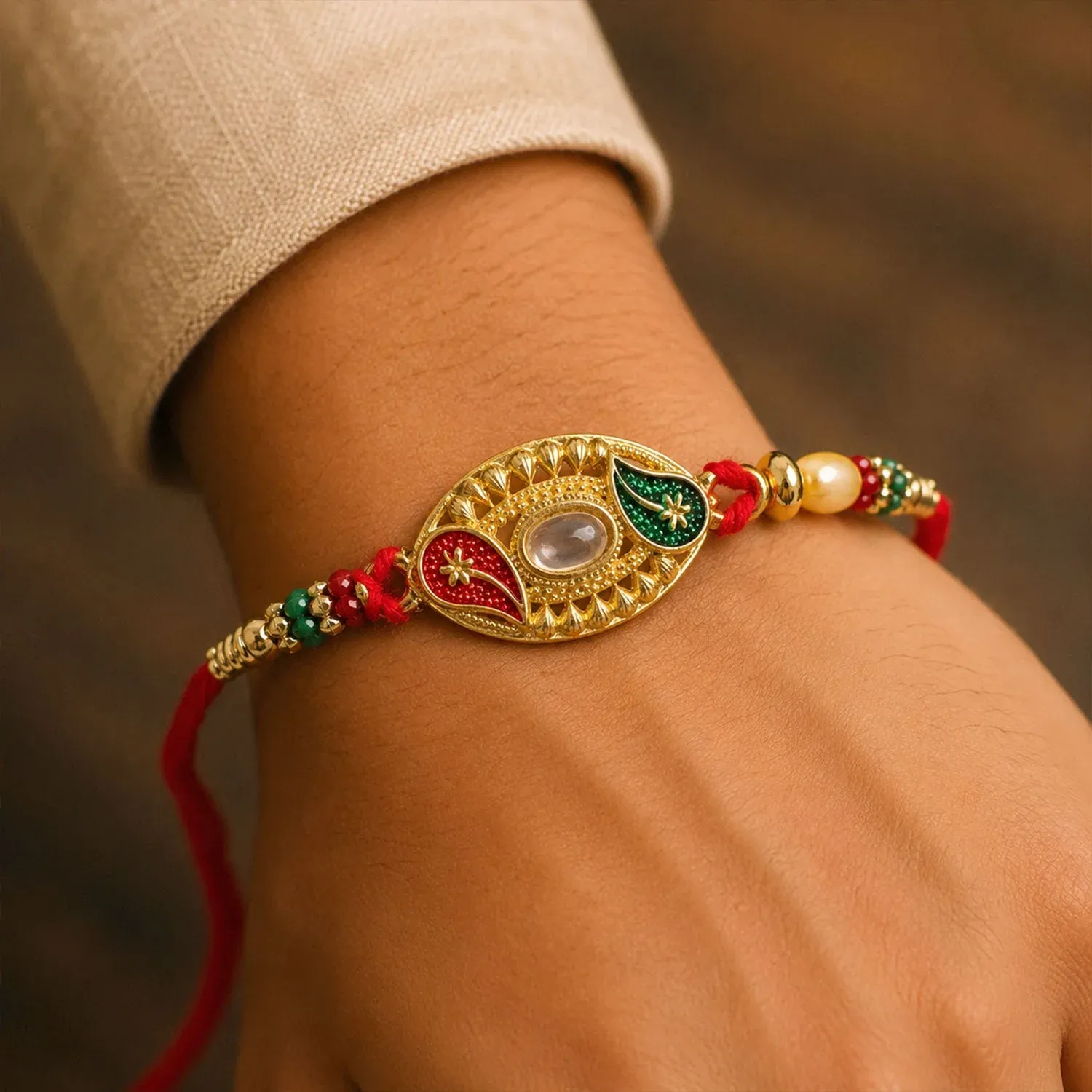 Elegant Kundan Stone Rakhi with Enamel & Beadwork Rakhi for Brother - Detailed Feature View 1