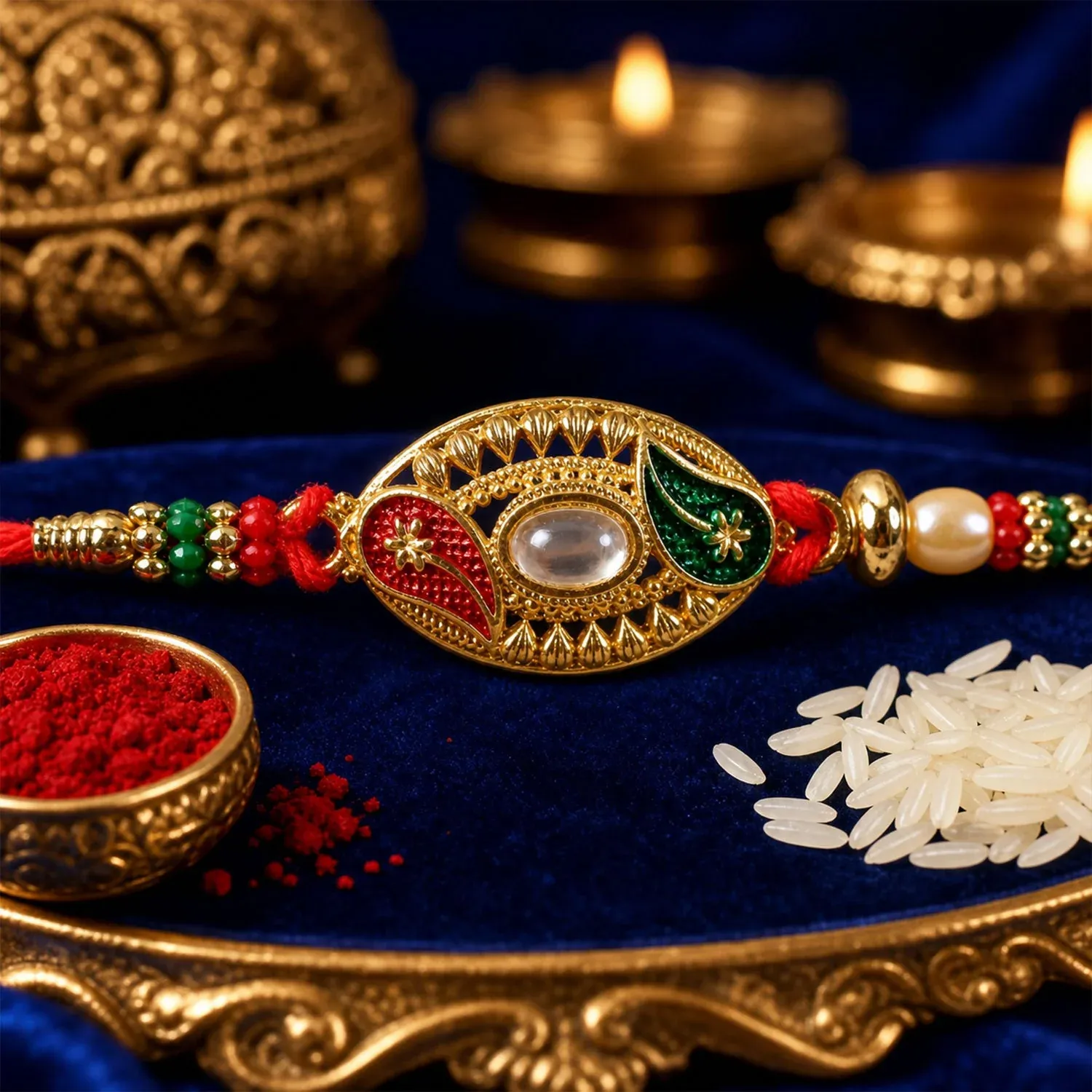 Elegant Kundan Stone Rakhi with Enamel & Beadwork Rakhi for Brother - Detailed Feature View 2