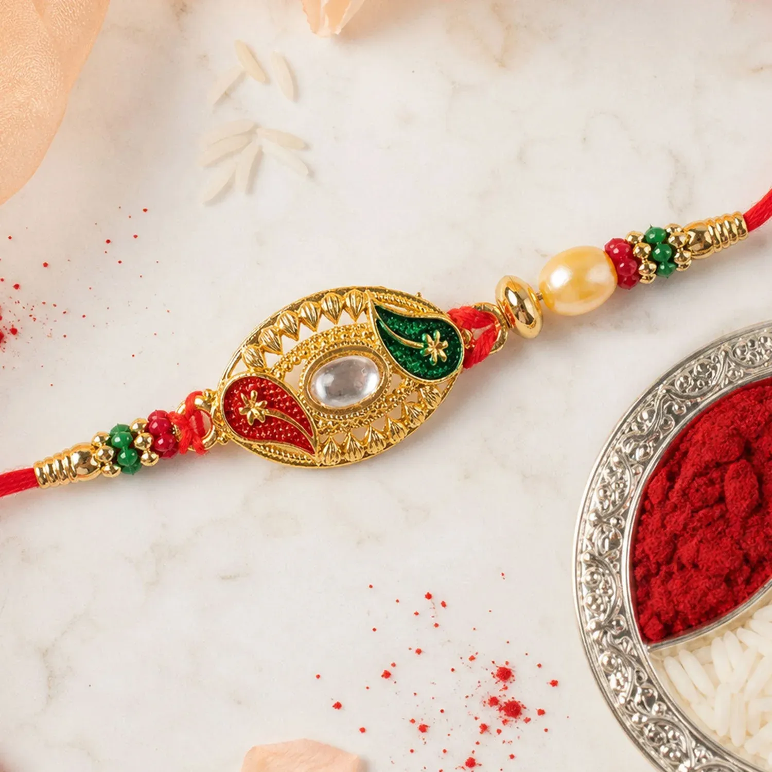 Elegant Kundan Stone Rakhi with Enamel & Beadwork Rakhi for Brother - Detailed Feature View 3