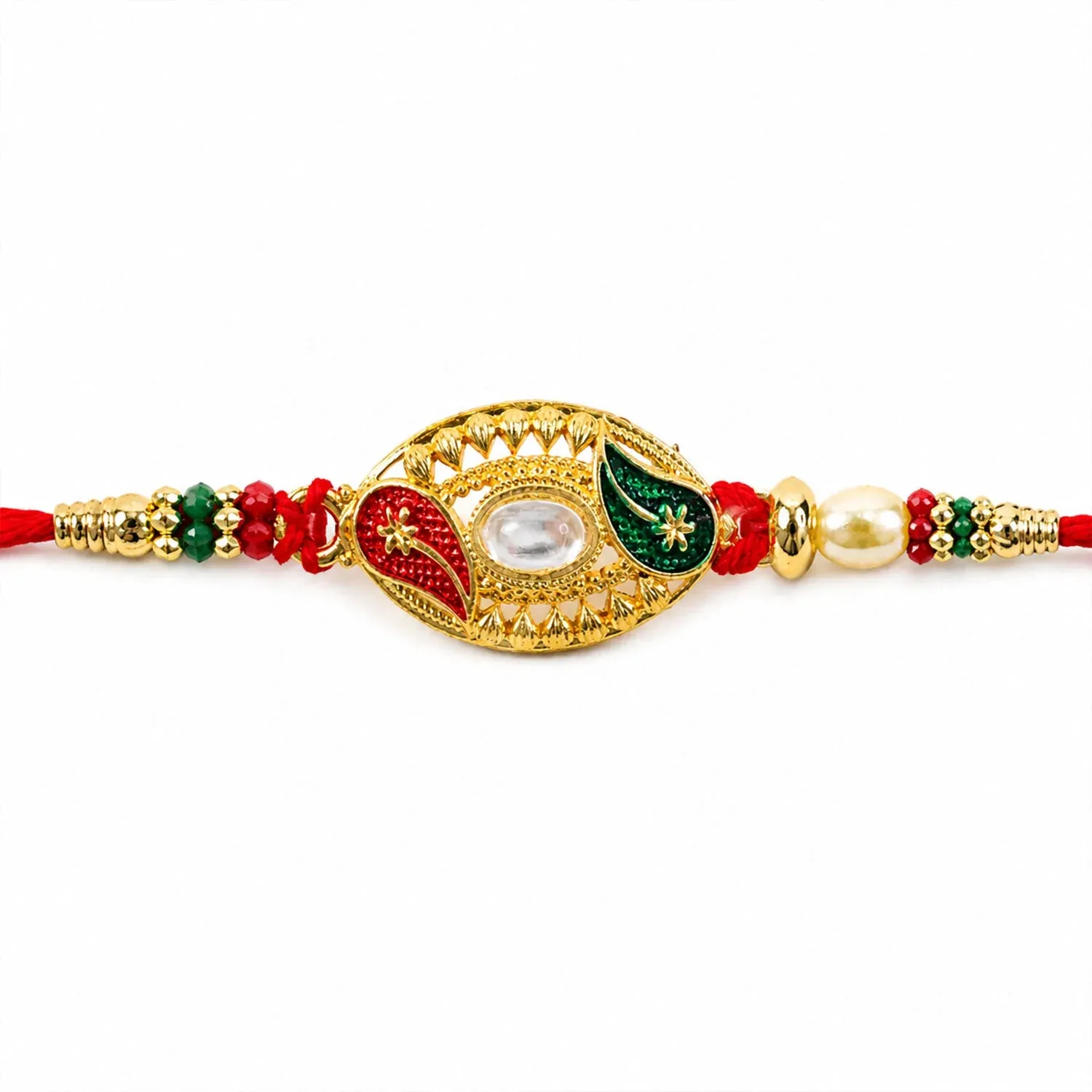 Elegant Kundan Stone Rakhi with Enamel & Beadwork Rakhi for Brother - Detailed Feature View 4