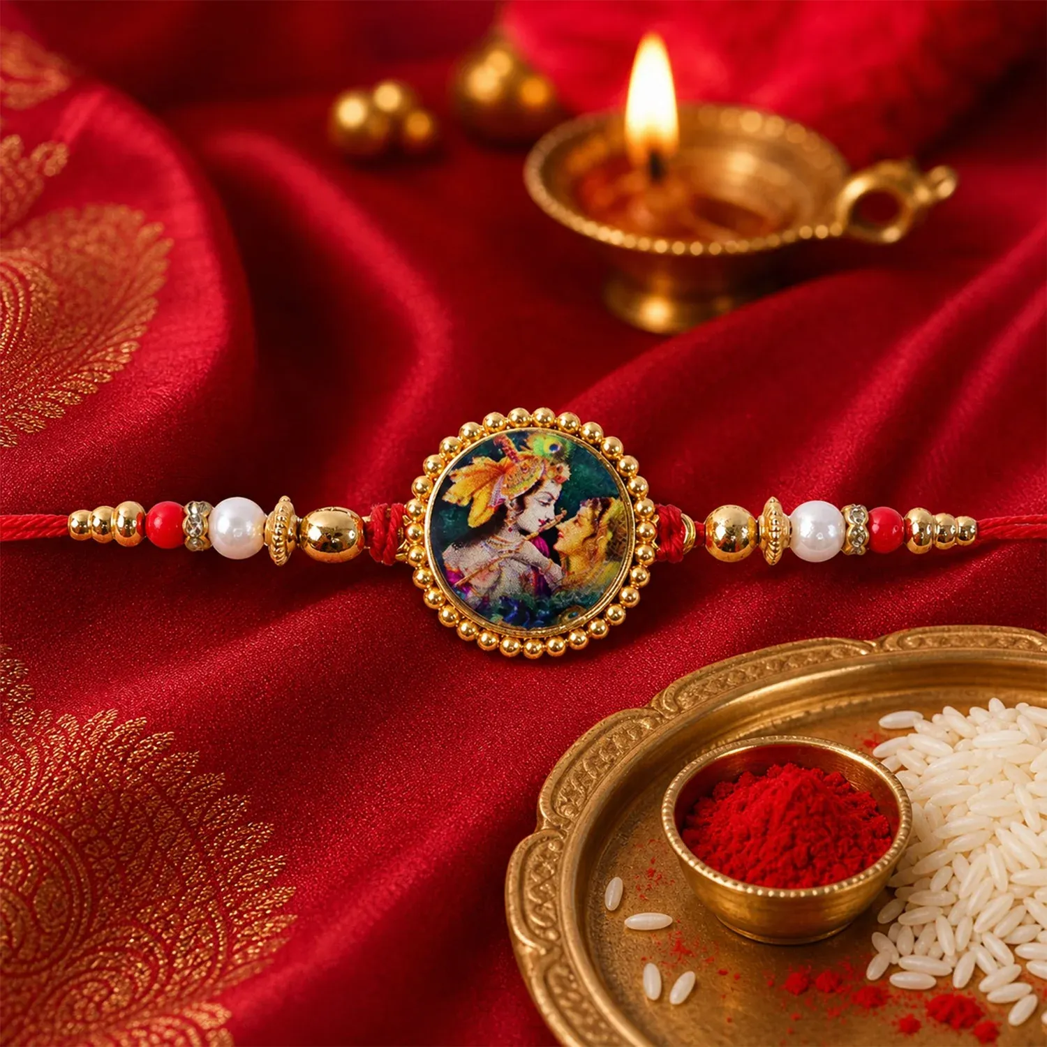 Premium Radha Krishna Theme Round Beaded Designer Premium Traditional Rakhi for Brother - Buy Online at Alikart