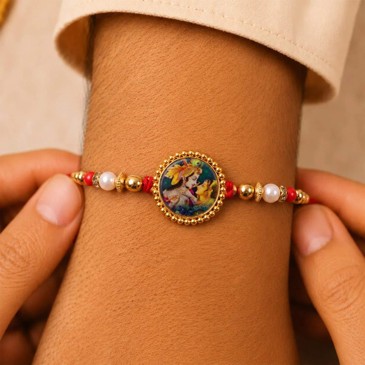 Radha Krishna Theme Round Beaded Designer Premium Traditional Rakhi for Brother - Detailed Feature View 1