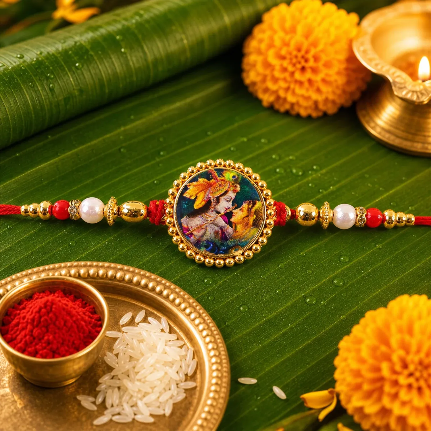 Radha Krishna Theme Round Beaded Designer Premium Traditional Rakhi for Brother - Detailed Feature View 3
