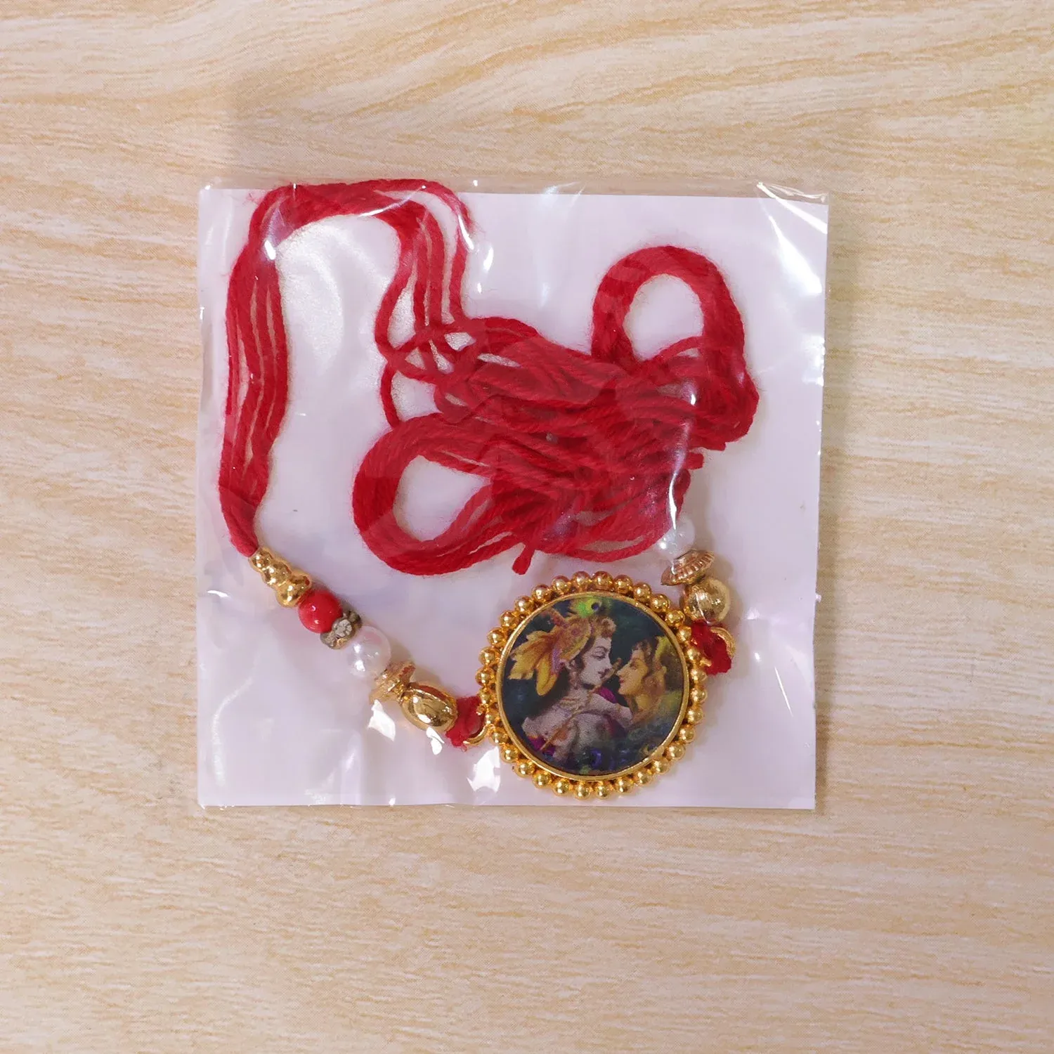 Radha Krishna Theme Round Beaded Designer Premium Traditional Rakhi for Brother - Detailed Feature View 5
