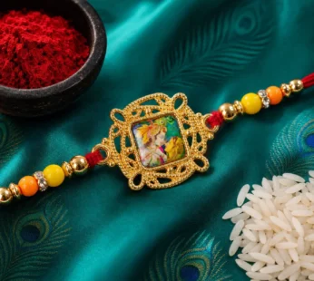 Radha Krishna Square Stone Studded Premium Designer Rakhi for Brother