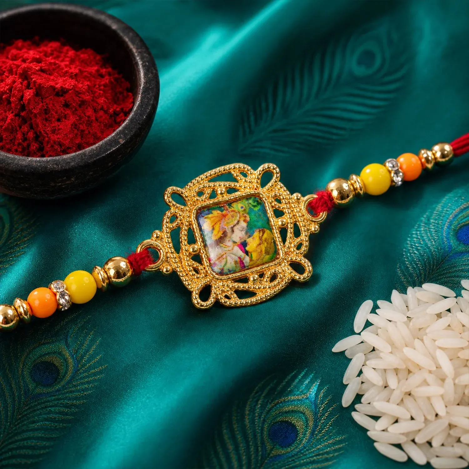 Premium Radha Krishna Square Stone Studded Premium Designer Rakhi for Brother - Buy Online at Alikart