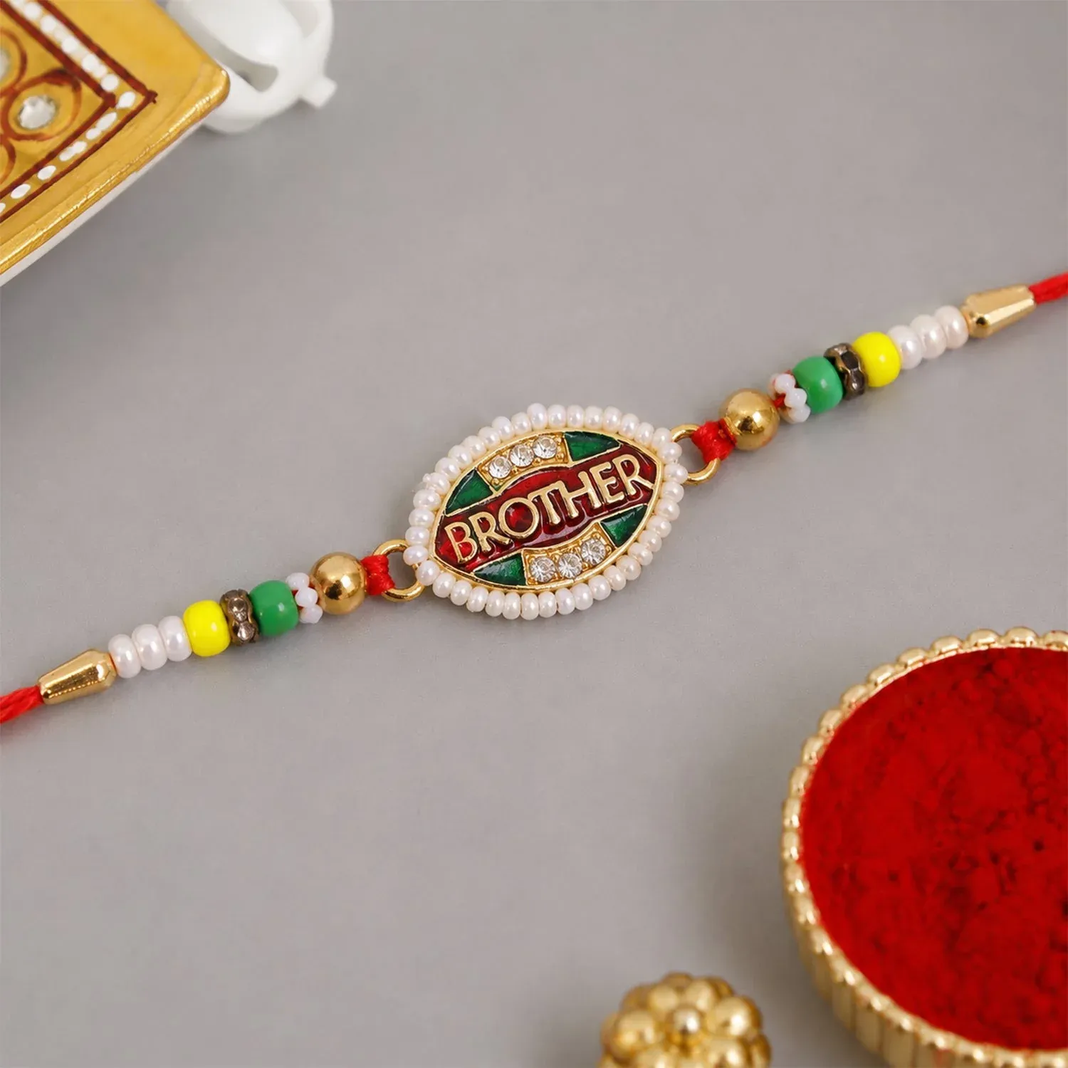 Brother Text Oval Stone Studded Premium Designer Rakhi for Brother - Detailed Feature View 1