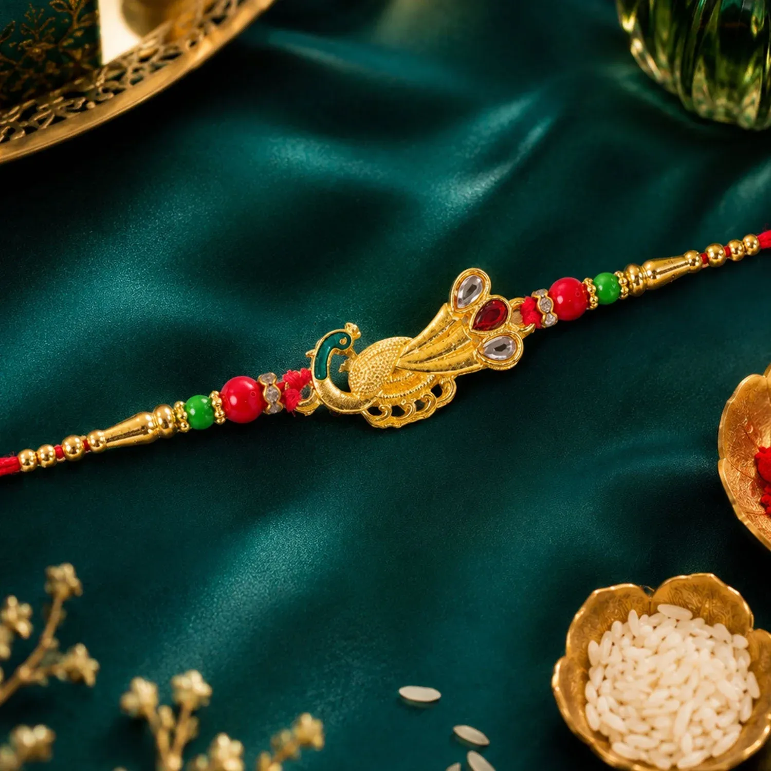 Premium Peacock Feather Motif Premium Traditional Designer Rakhi for Brother - Buy Online at Alikart