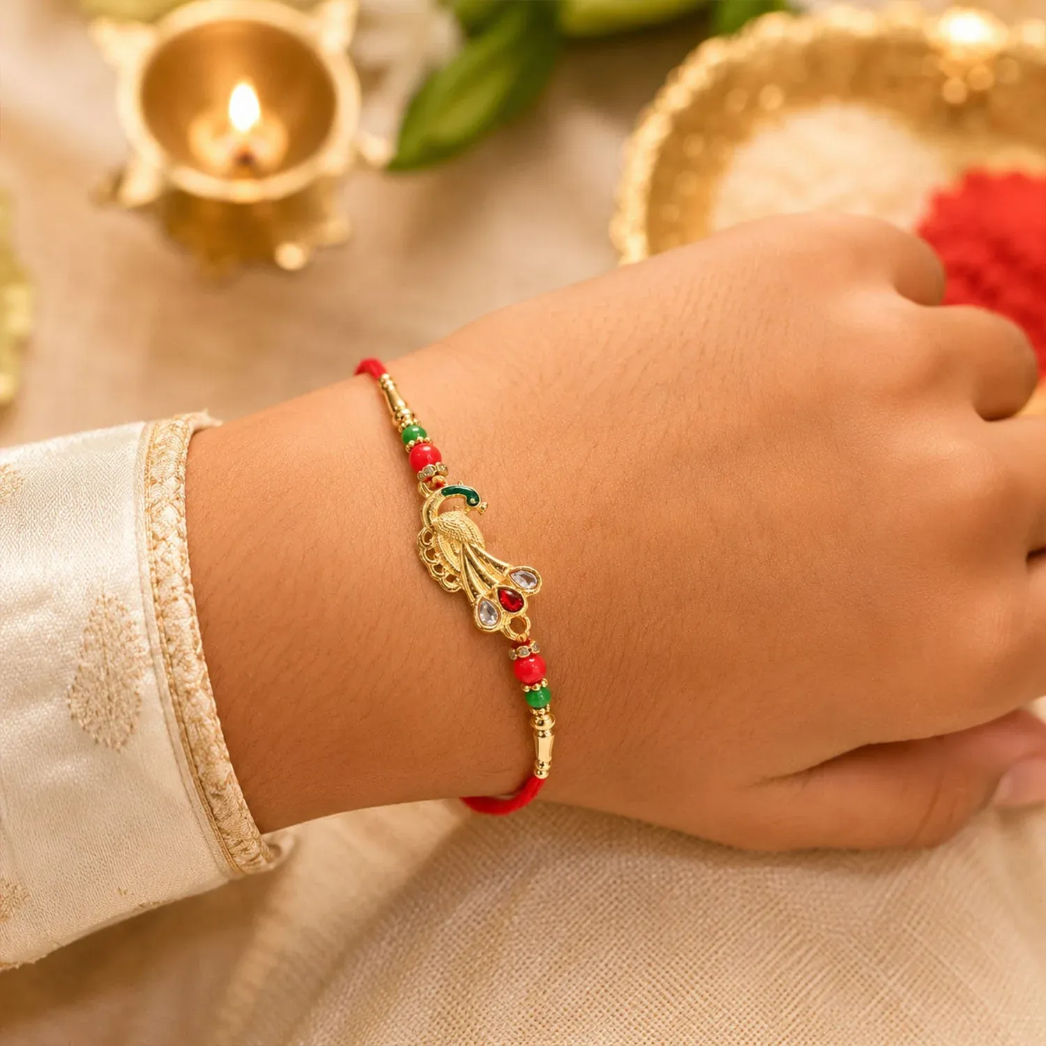 Peacock Feather Motif Premium Traditional Designer Rakhi for Brother - Detailed Feature View 1