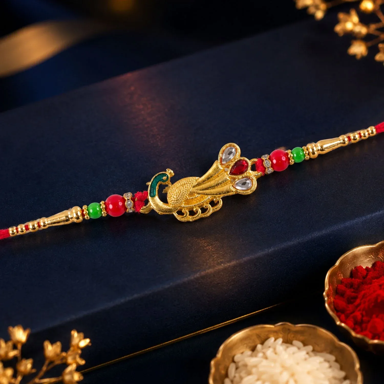 Peacock Feather Motif Premium Traditional Designer Rakhi for Brother - Detailed Feature View 3