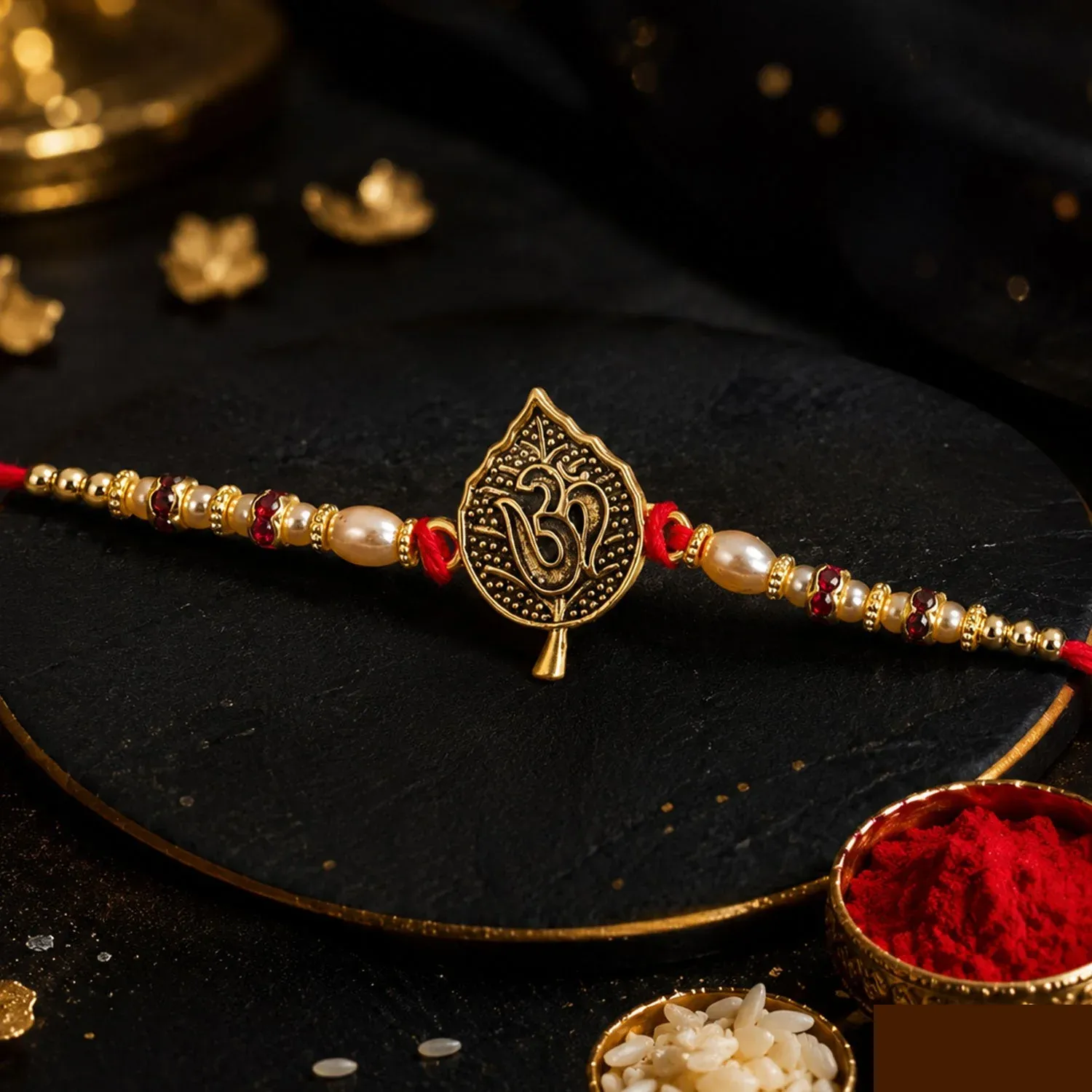 Leaf Shape Om Motif Premium Beaded Designer Rakhi for Brother - Detailed Feature View 1