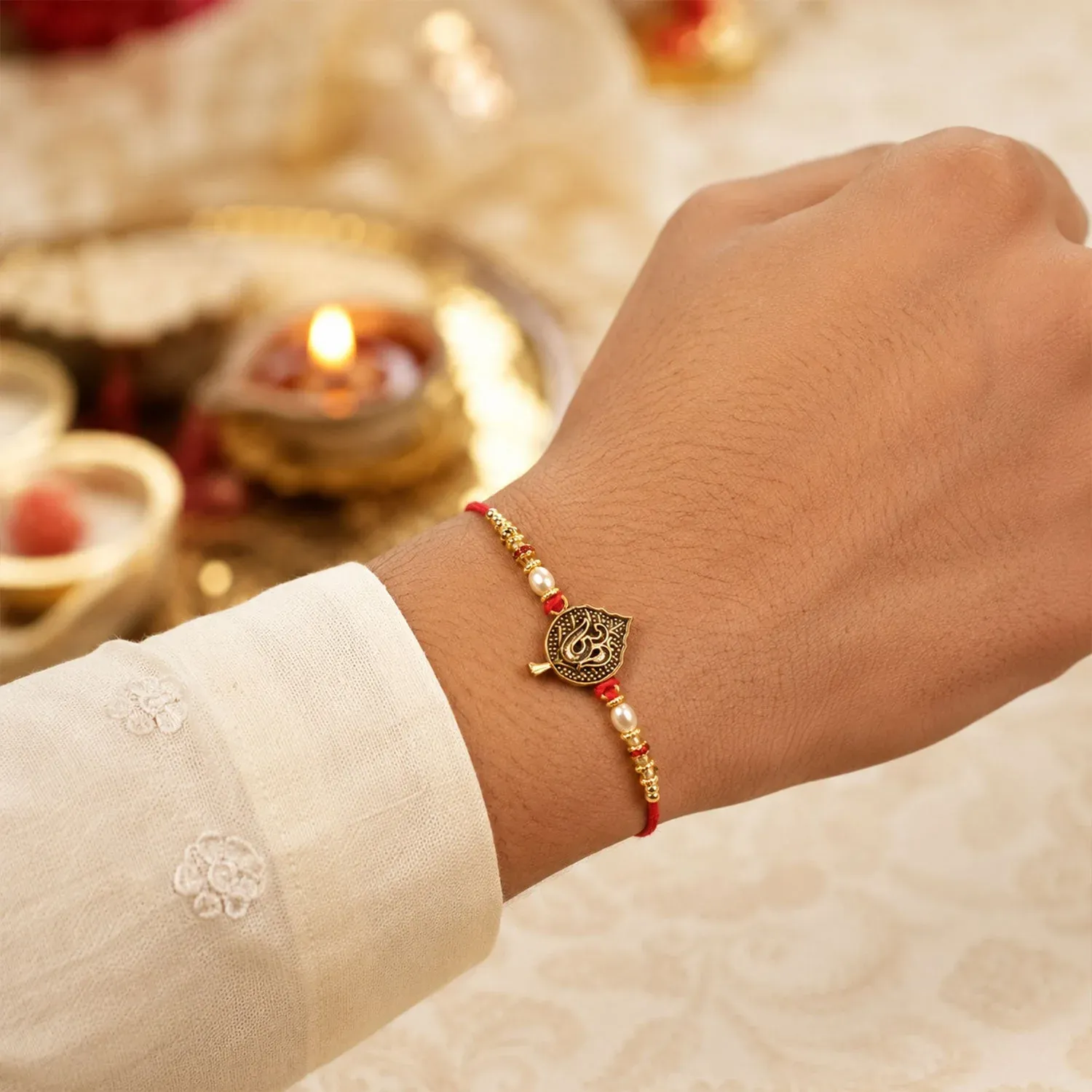 Leaf Shape Om Motif Premium Beaded Designer Rakhi for Brother - Detailed Feature View 2