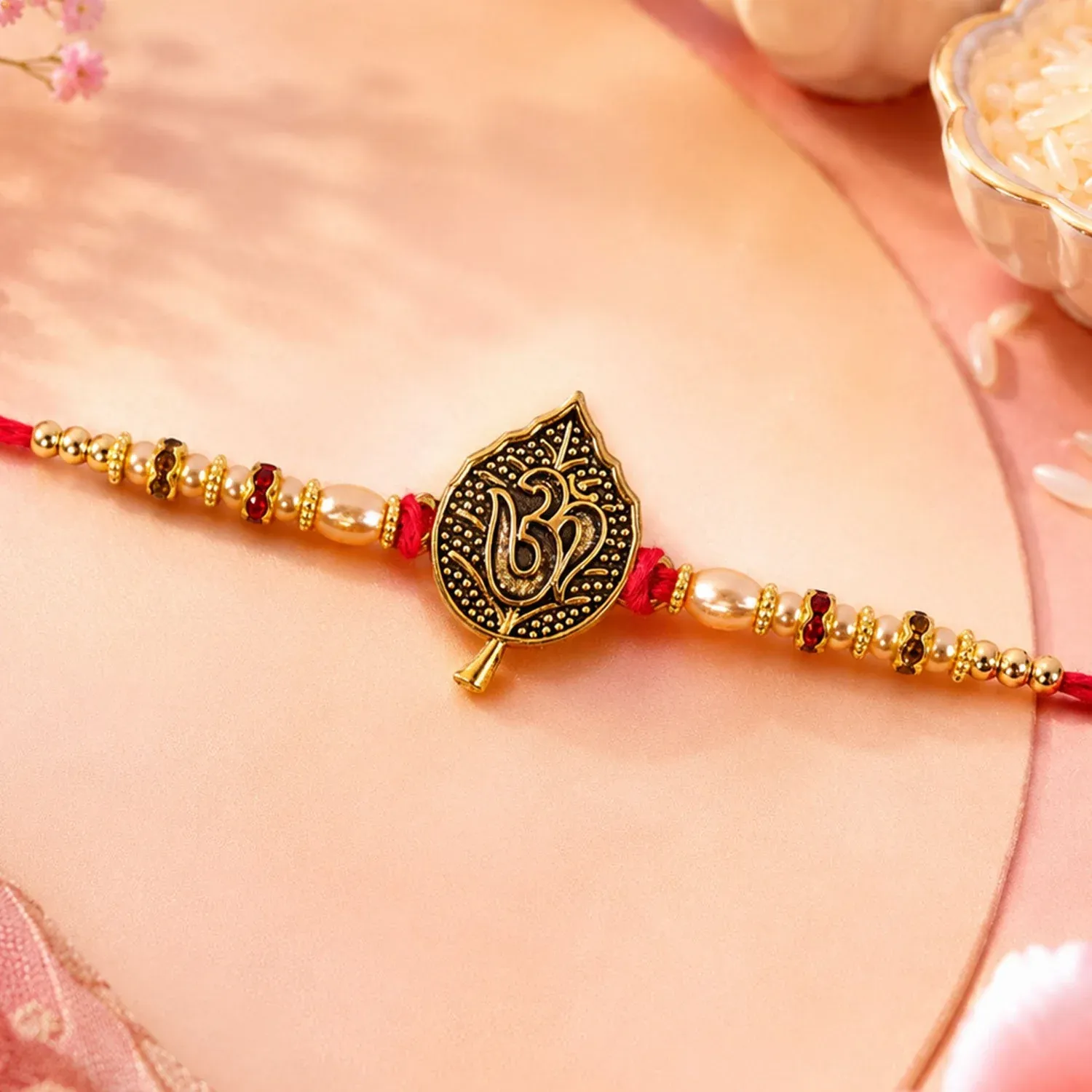 Leaf Shape Om Motif Premium Beaded Designer Rakhi for Brother - Detailed Feature View 3