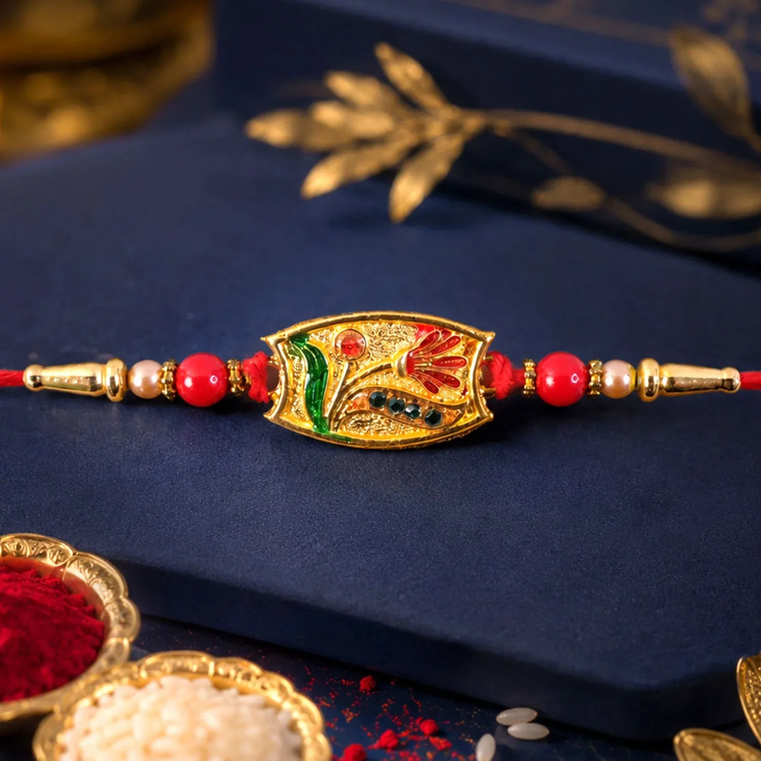 Traditional Meenakari Enamel Rakhi with Beadwork Rakhi for Brother - Detailed Feature View 1