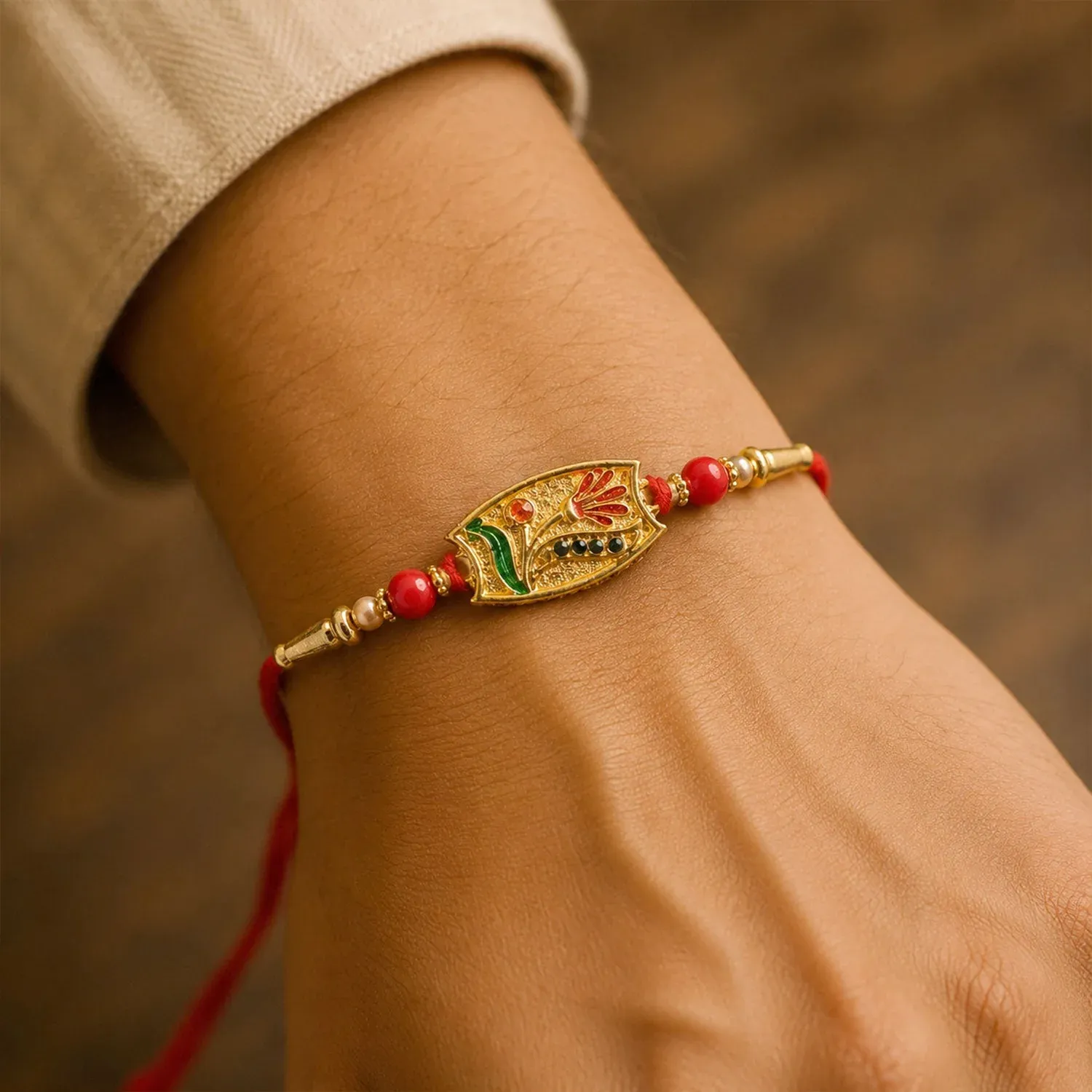 Traditional Meenakari Enamel Rakhi with Beadwork Rakhi for Brother - Detailed Feature View 2