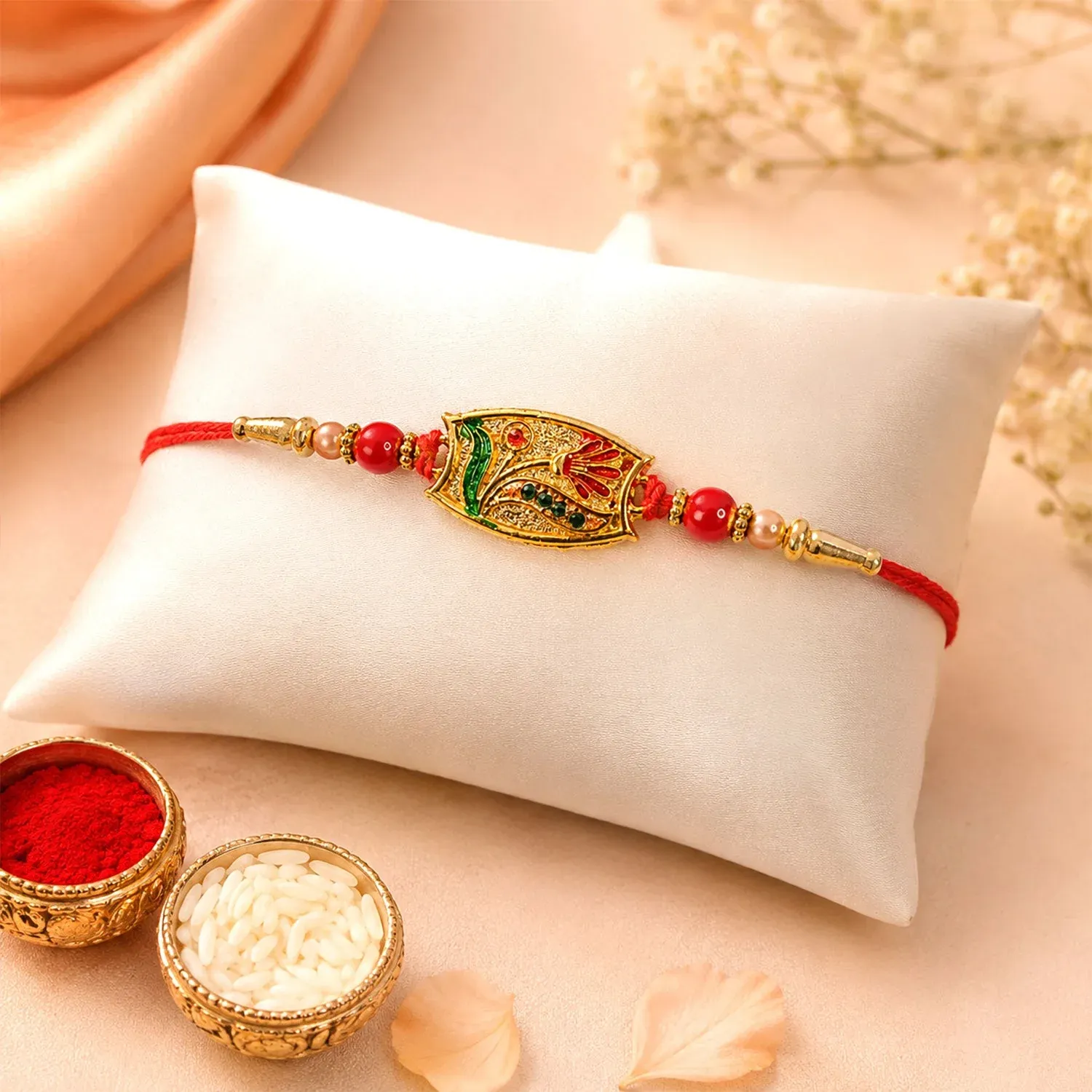 Traditional Meenakari Enamel Rakhi with Beadwork Rakhi for Brother - Detailed Feature View 3