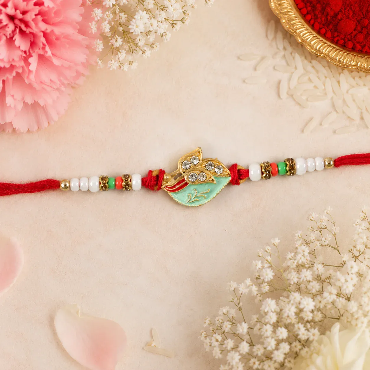 Premium Leaf Motif Traditional Beaded Designer Rakhi for Brother - Detailed Feature View 1