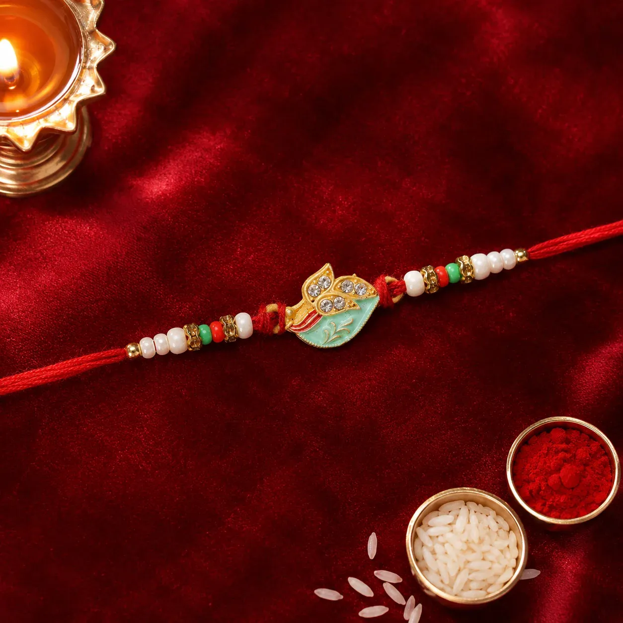 Premium Leaf Motif Traditional Beaded Designer Rakhi for Brother - Detailed Feature View 2