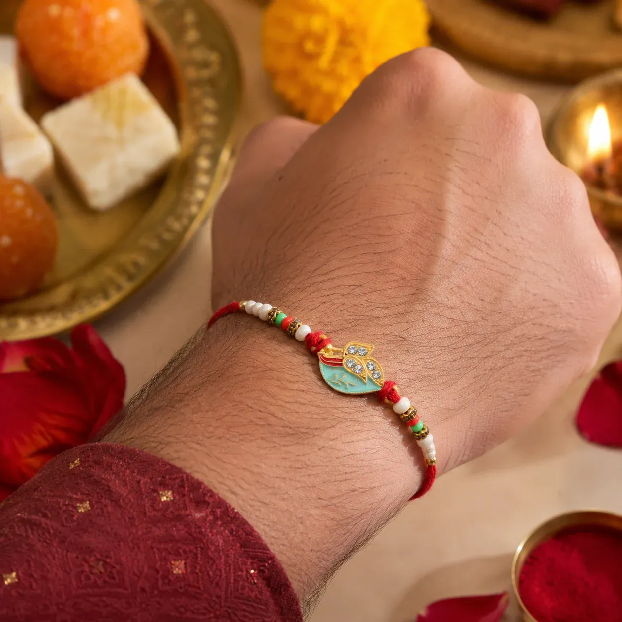 Premium Leaf Motif Traditional Beaded Designer Rakhi for Brother - Detailed Feature View 3