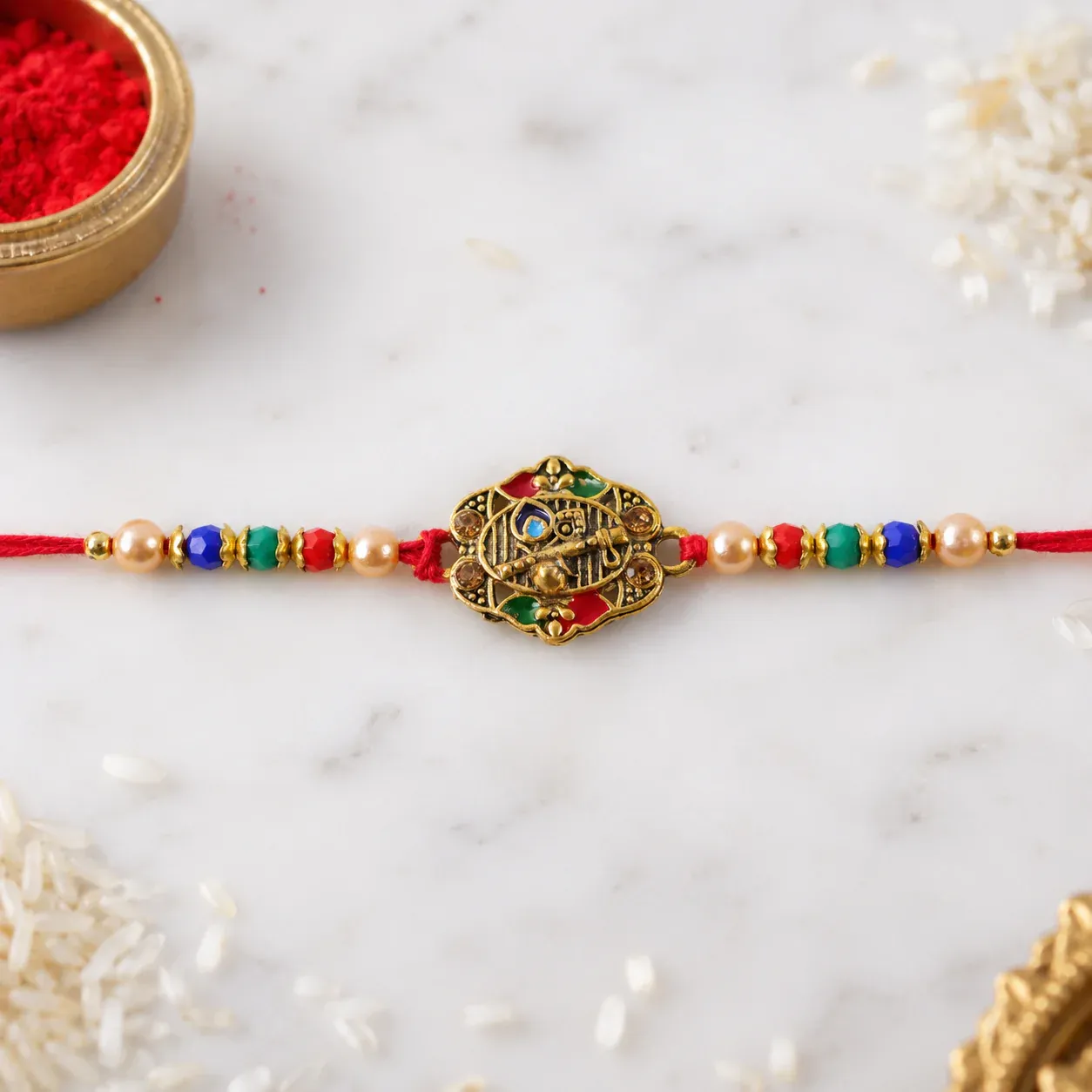 Premium Premium Krishna Flute Motif Beaded Designer Rakhi for Brother - Buy Online at Alikart