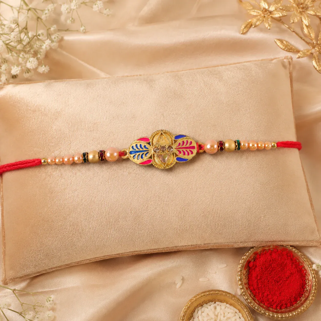 Premium Premium Traditional Leaf Motif Pearl Beads Designer Rakhi For Brother - Buy Online at Alikart