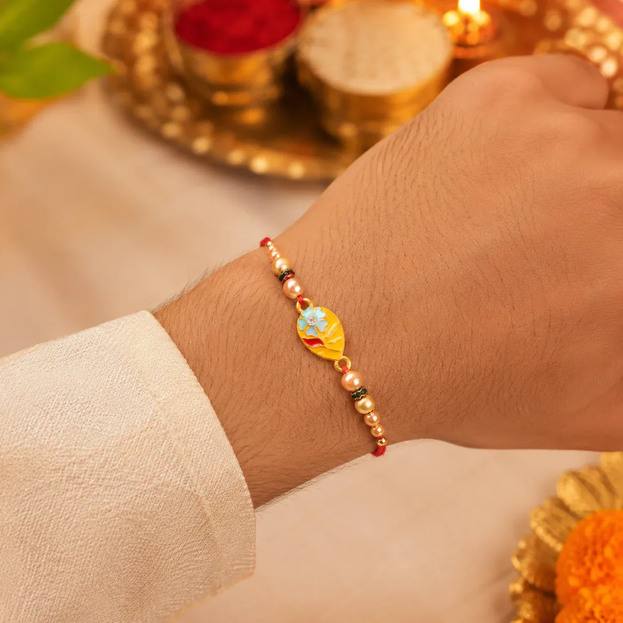 Premium Traditional Meenakari Oval Rakhi with Pearls – Rakhi for Brother - Detailed Feature View 1