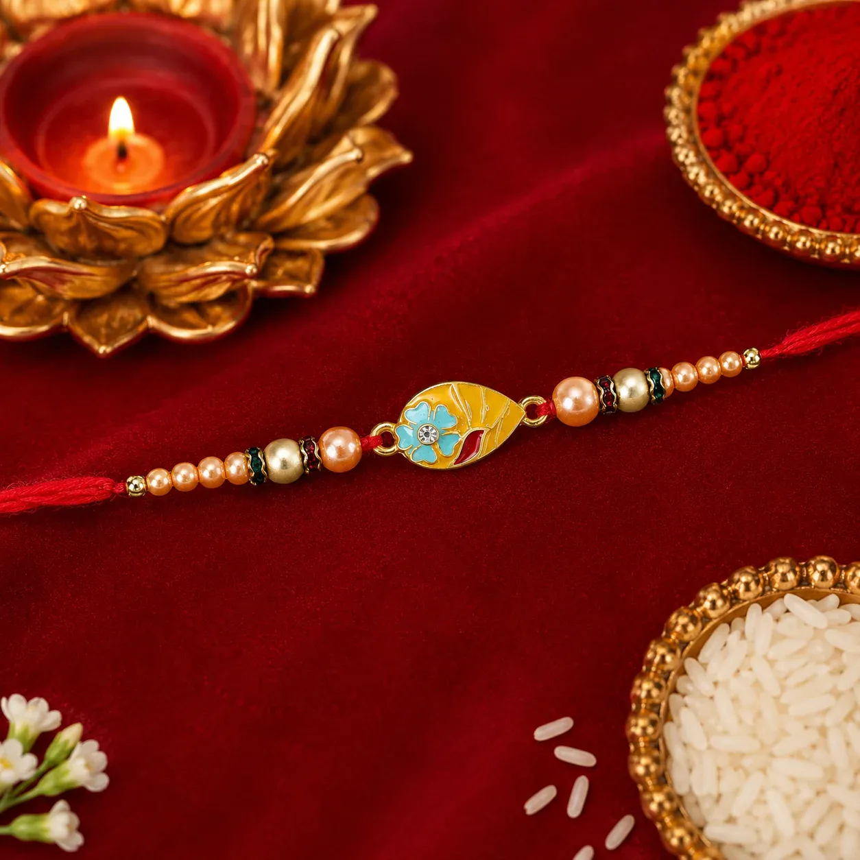 Premium Traditional Meenakari Oval Rakhi with Pearls – Rakhi for Brother - Detailed Feature View 2