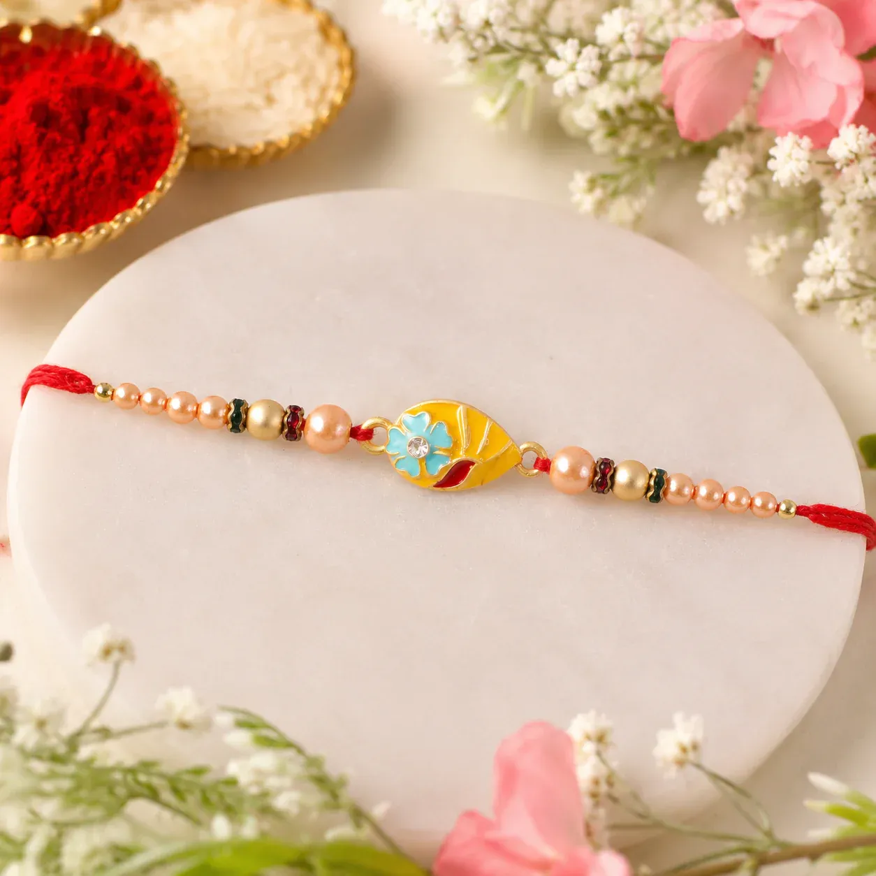Premium Traditional Meenakari Oval Rakhi with Pearls – Rakhi for Brother - Detailed Feature View 3