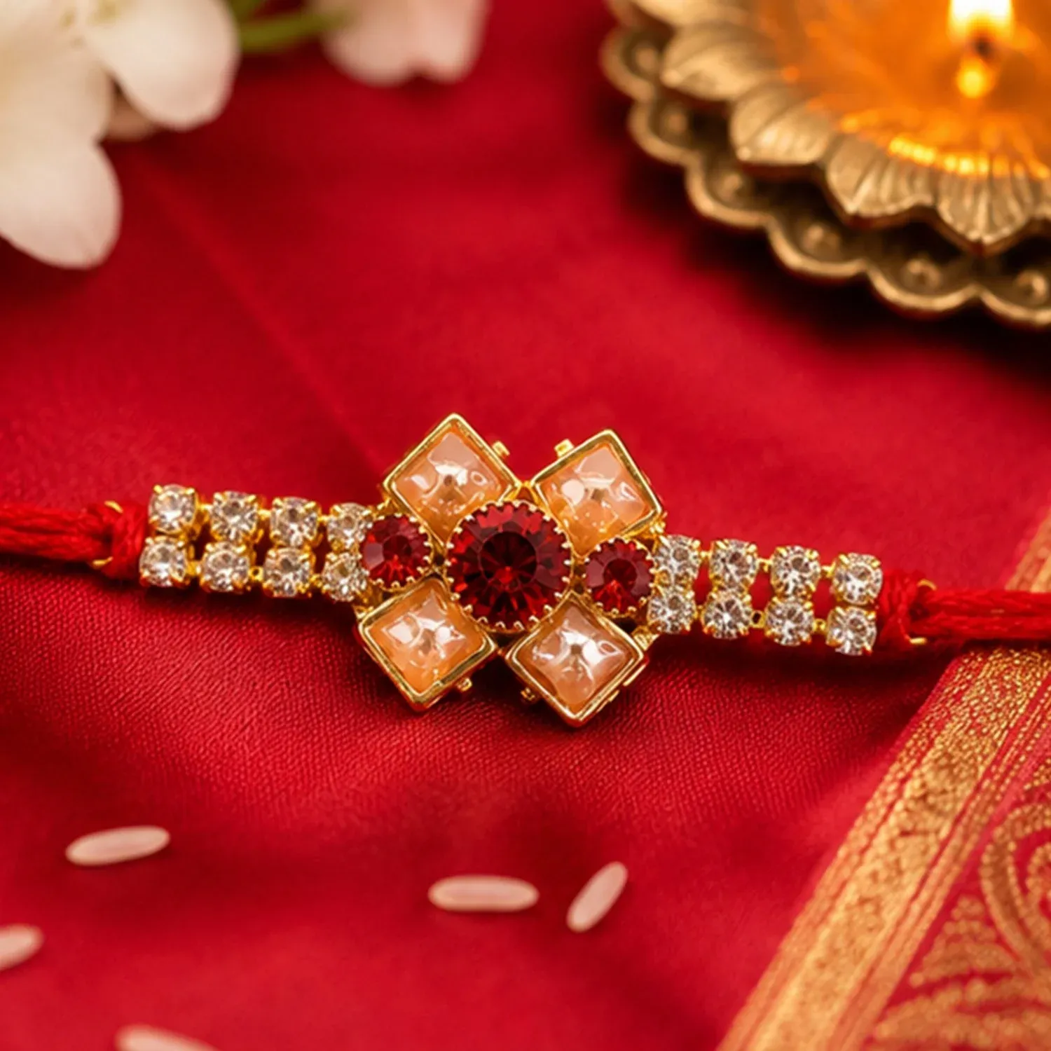 Premium Red Floral Stone Bracelet Rakhi for Brother Bhai Raksha Bandhan Festival Special Gift - Buy Online at Alikart