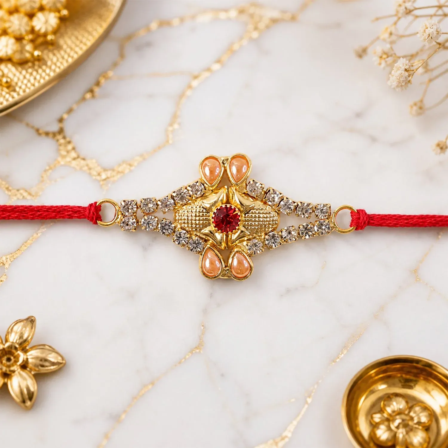 Premium Pearl Flower Red Stone Rakhi for Brother Bhai Raksha Bandhan Festival Special Gift - Buy Online at Alikart
