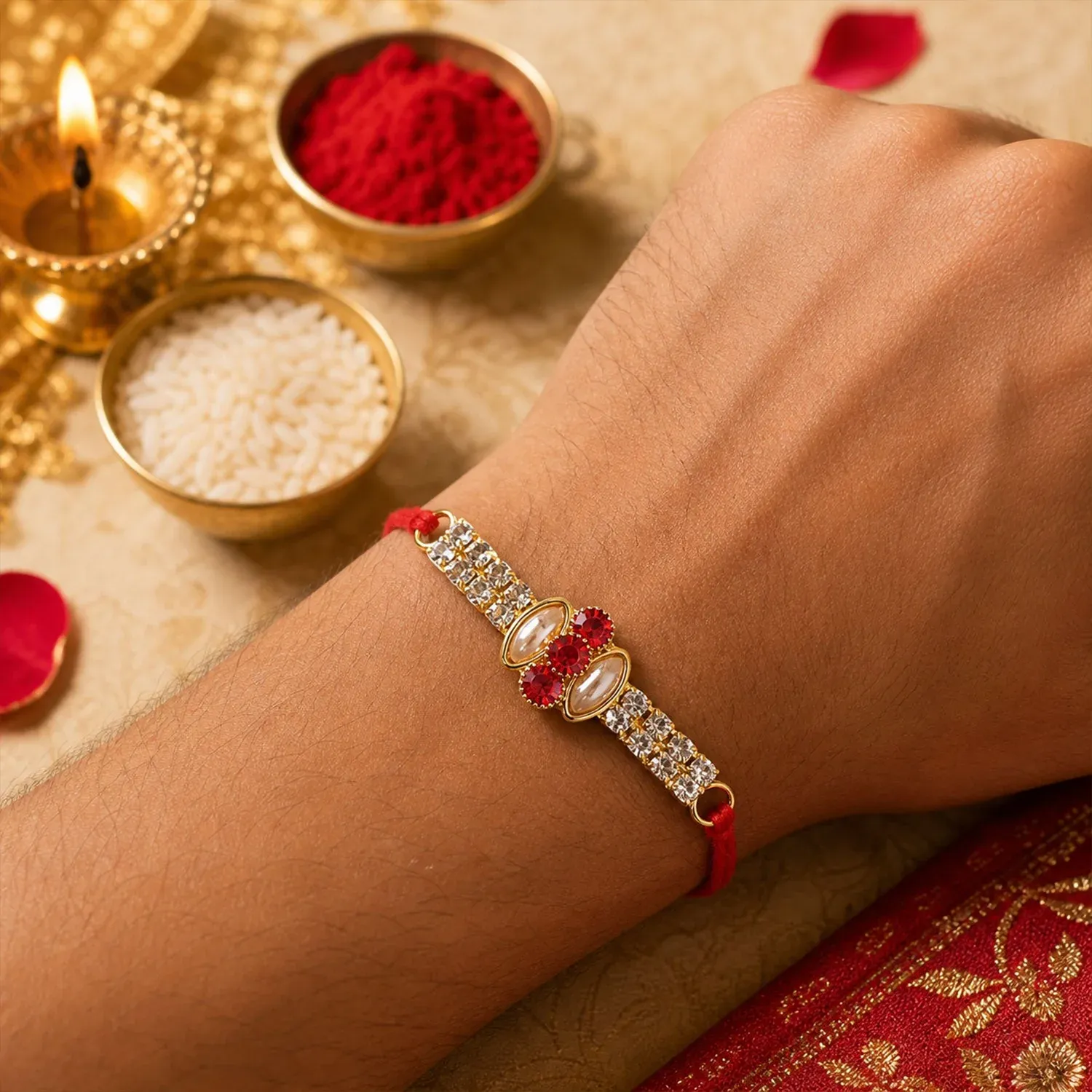 Oval Stone Studded Bar Premium Designer Traditional Rakhi for Brother - Detailed Feature View 2