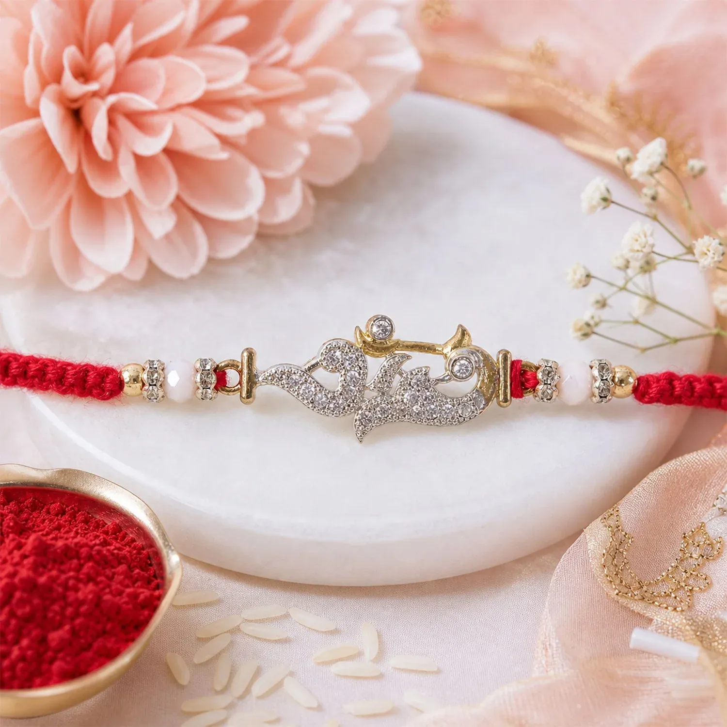 Premium Religious Om Peacock Diamond Rakhi with Beadwork Rakhi for Brother - Buy Online at Alikart