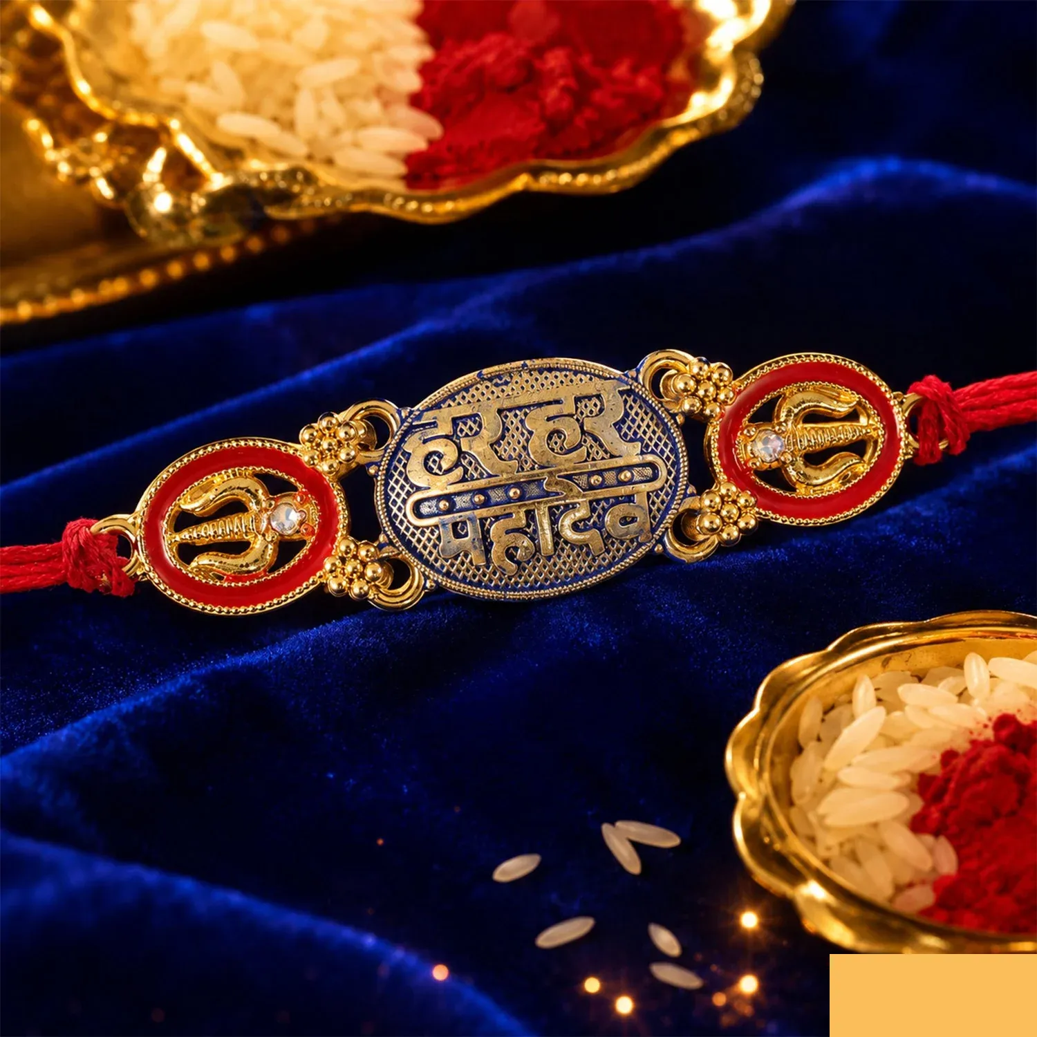 Har Har Mahadev Text Oval Premium Traditional Designer Rakhi for Brother - Detailed Feature View 3