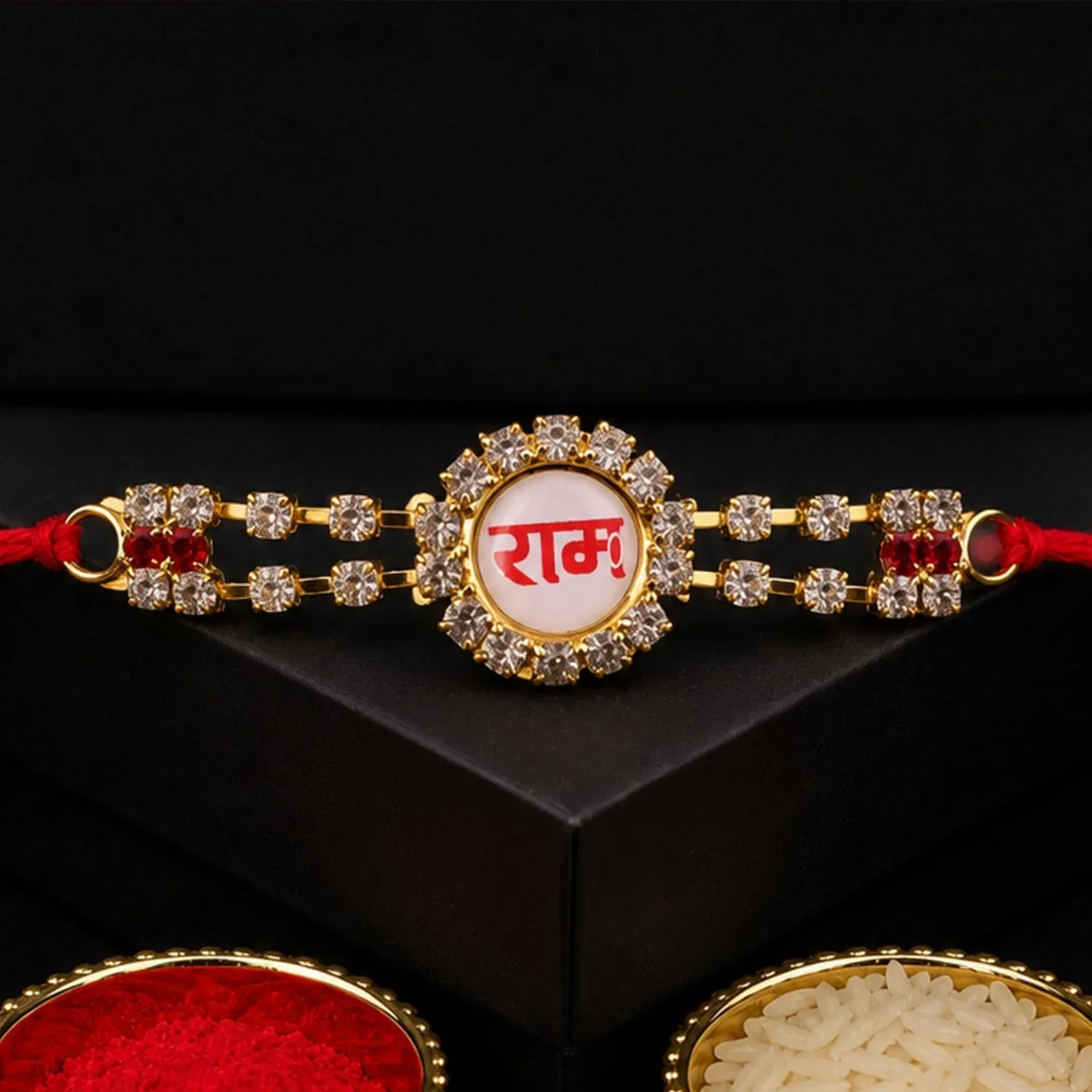 Ram Text Round Stone Studded Premium Designer Rakhi for Brother - Detailed Feature View 3