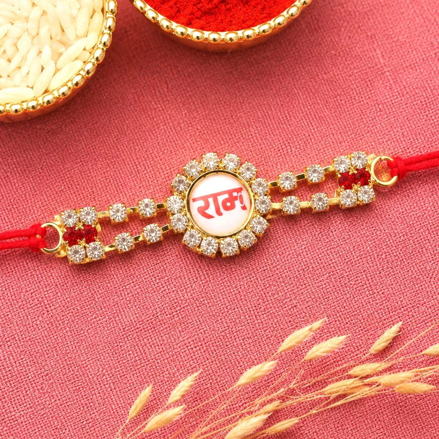 Ram Text Round Stone Studded Premium Designer Rakhi for Brother - Detailed Feature View 1