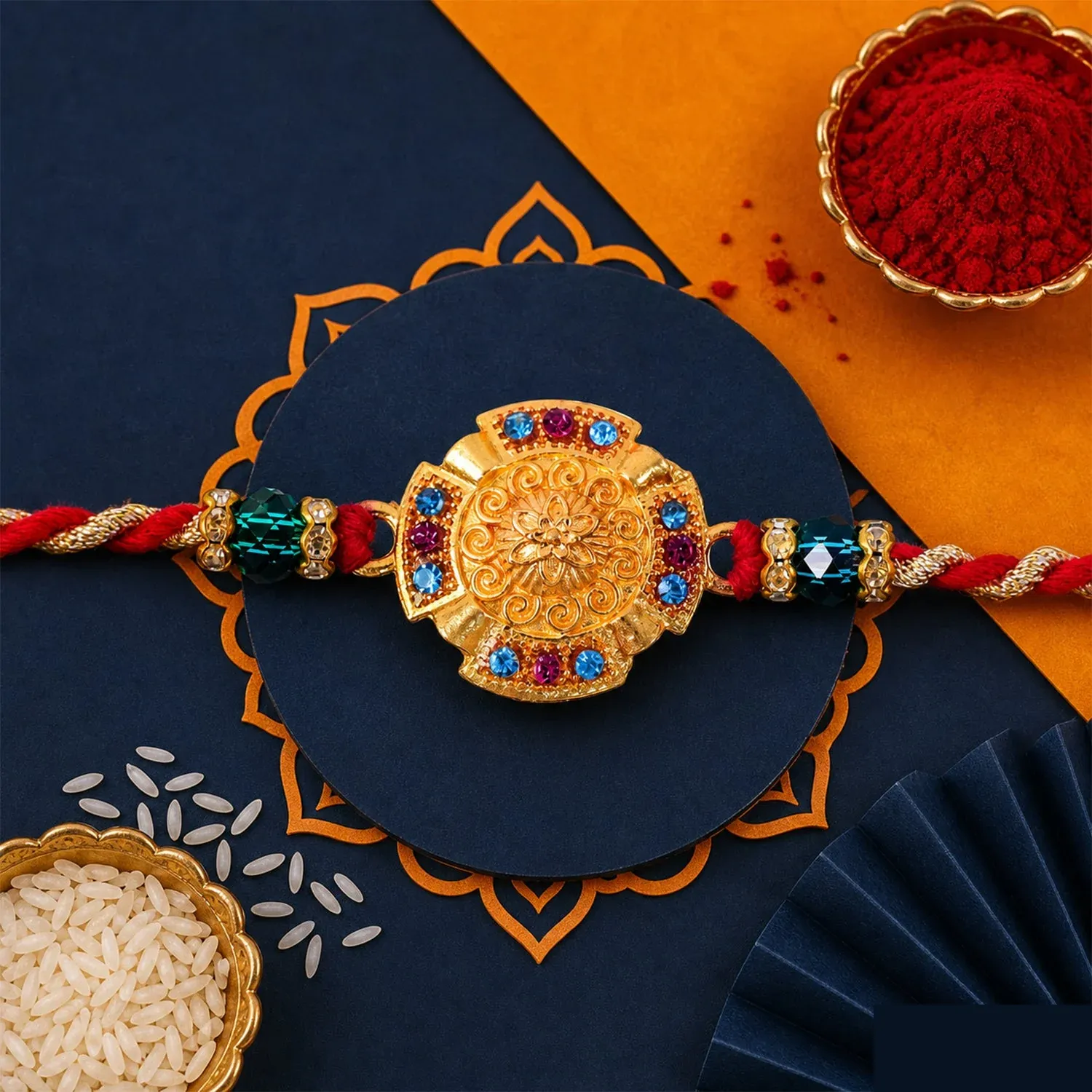 Premium Round Floral Medallion Premium Beaded Designer Rakhi for Brother - Buy Online at Alikart