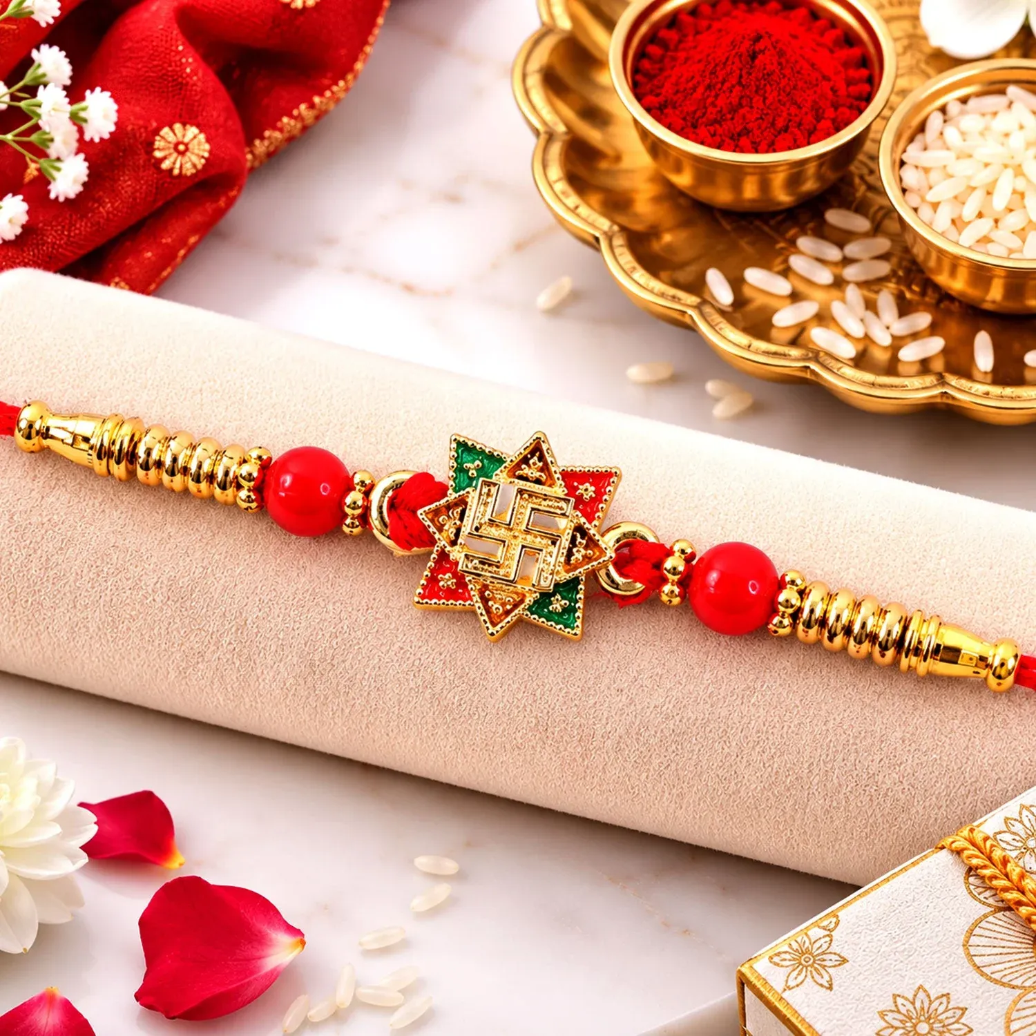 Premium Golden Swastik Motif Rakhi with Enamel & Beadwork – Rakhi for Brother - Buy Online at Alikart