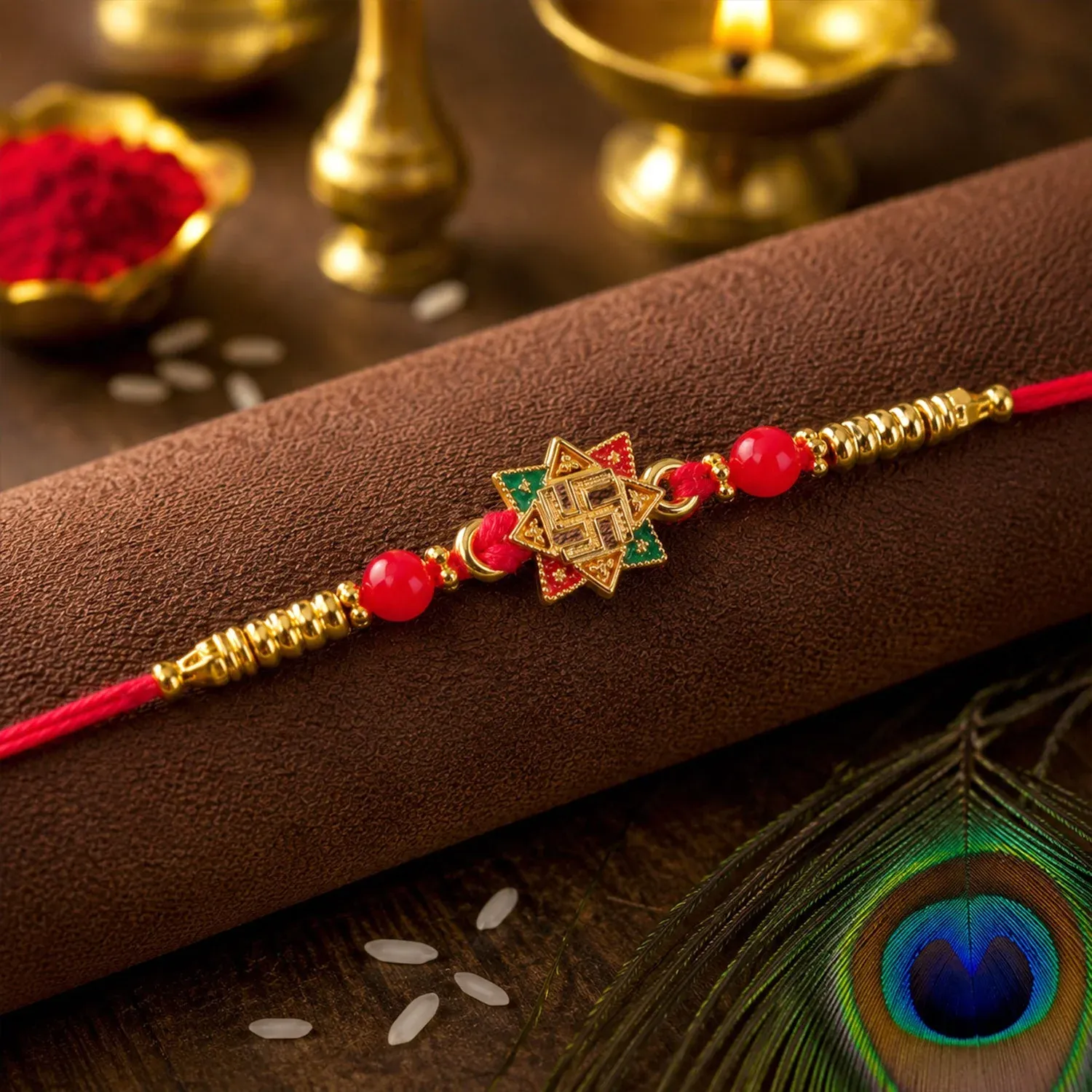 Golden Swastik Motif Rakhi with Enamel & Beadwork – Rakhi for Brother - Detailed Feature View 2