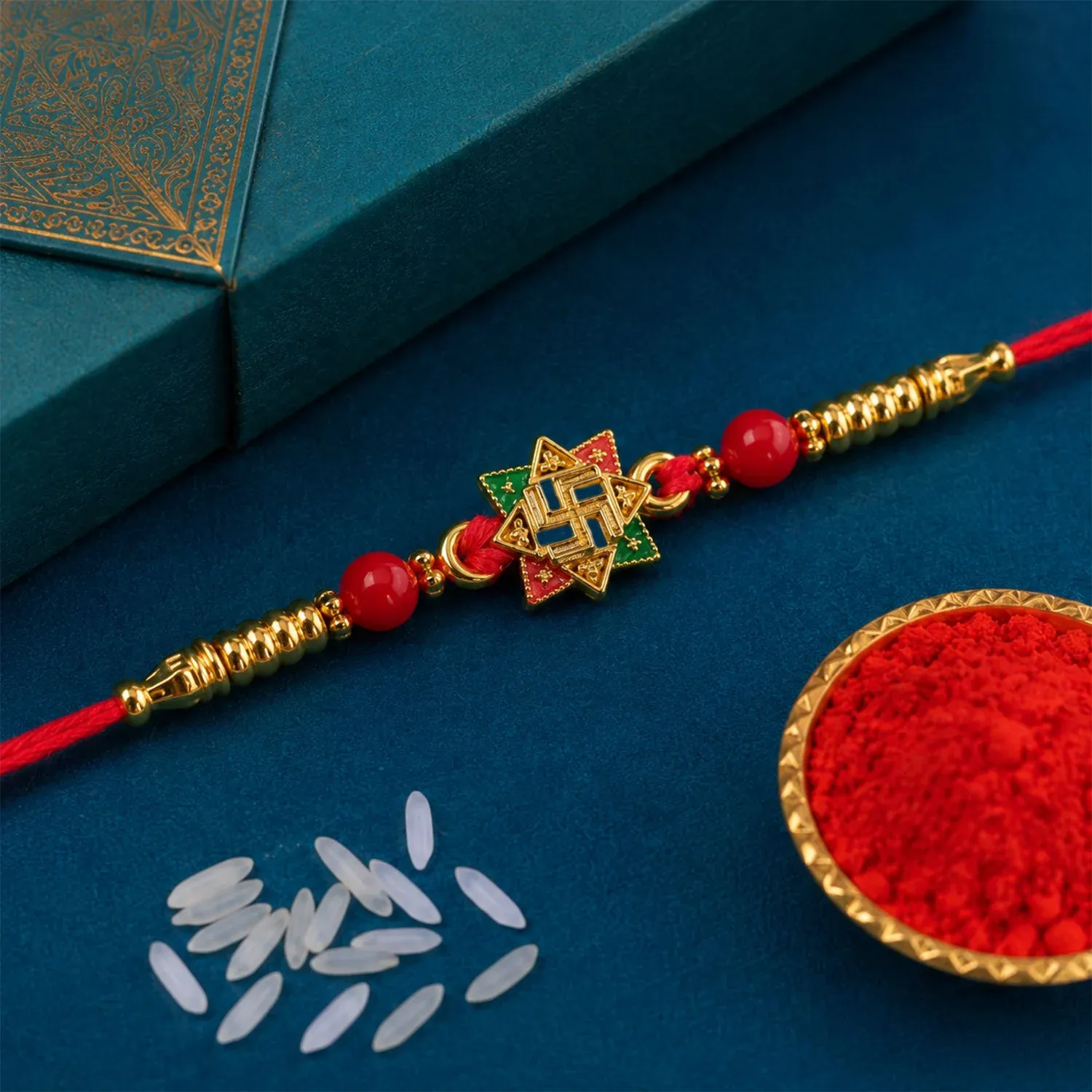 Golden Swastik Motif Rakhi with Enamel & Beadwork – Rakhi for Brother - Detailed Feature View 1