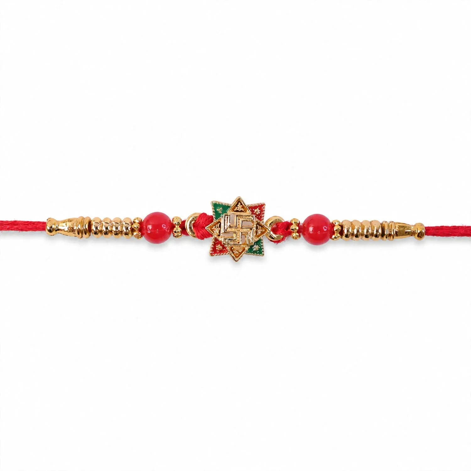 Golden Swastik Motif Rakhi with Enamel & Beadwork – Rakhi for Brother - Detailed Feature View 4