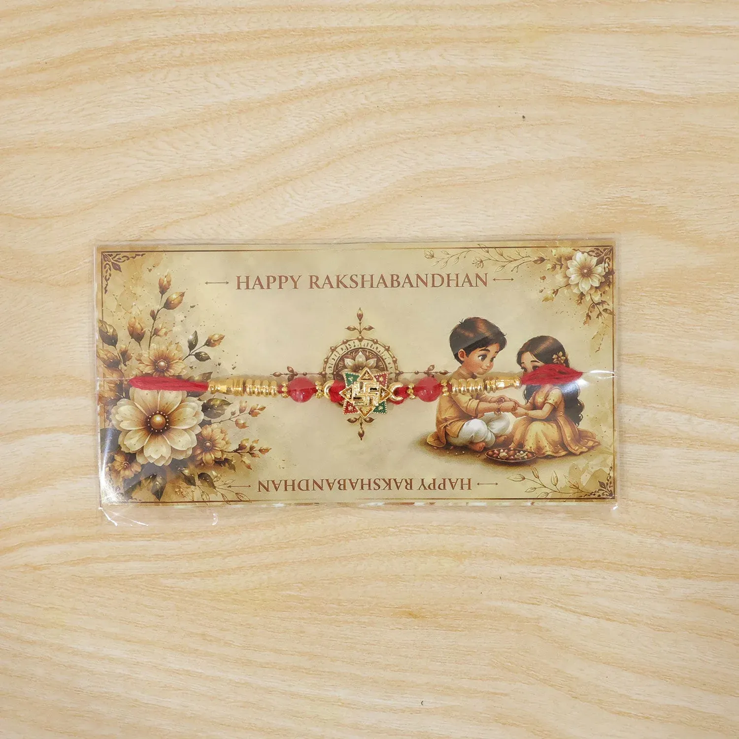 Golden Swastik Motif Rakhi with Enamel & Beadwork – Rakhi for Brother - Detailed Feature View 5